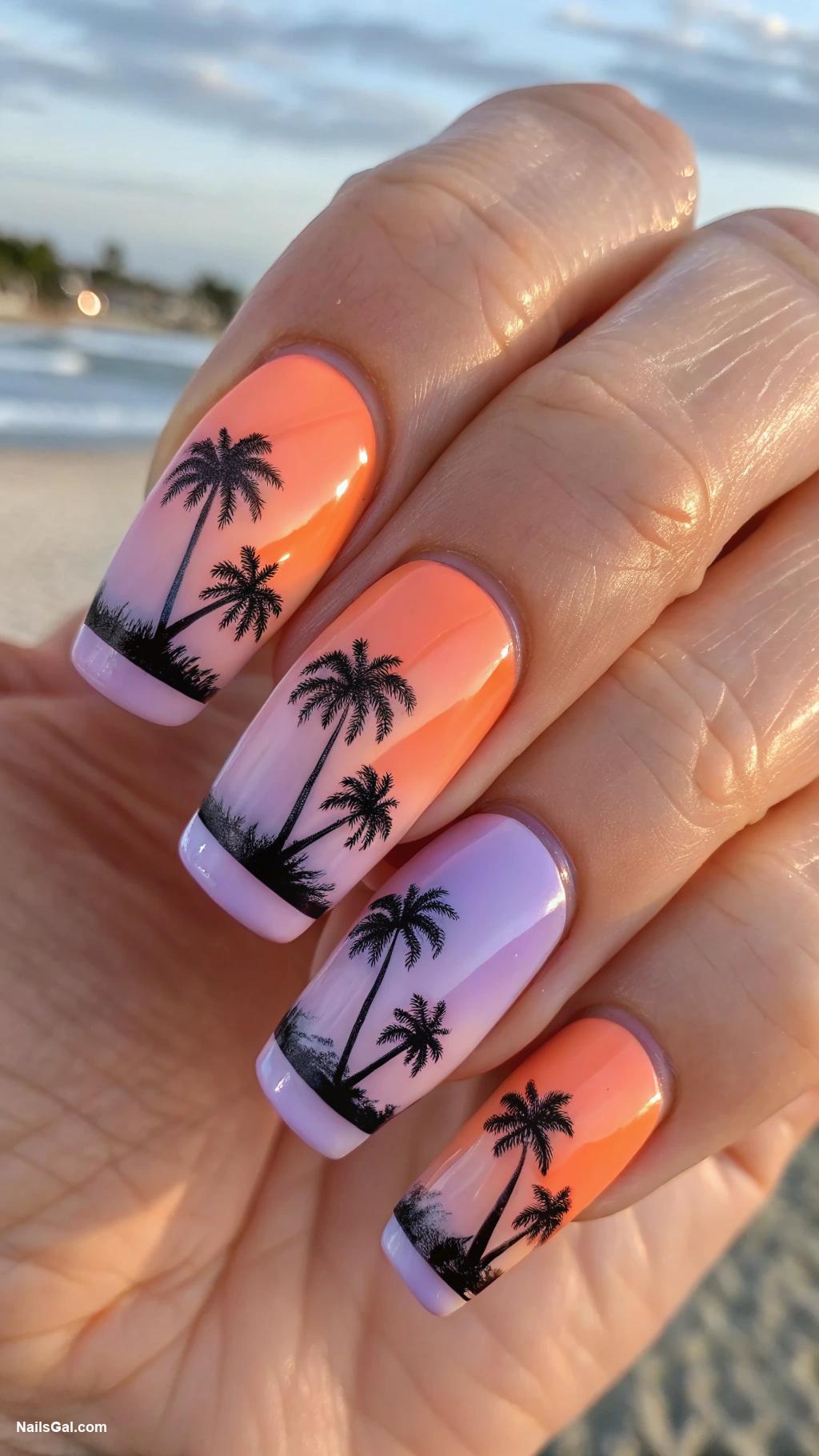 sunset aura nails Sunset ombre with palm tree silhouette