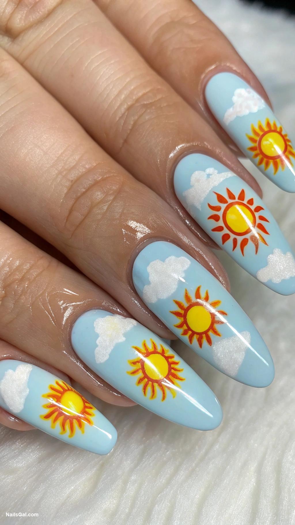 sunshine nails Artistic sun and clouds nail art