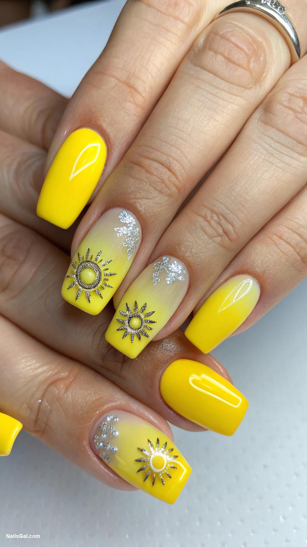 sunshine nails Bright yellow ombre with sun accents