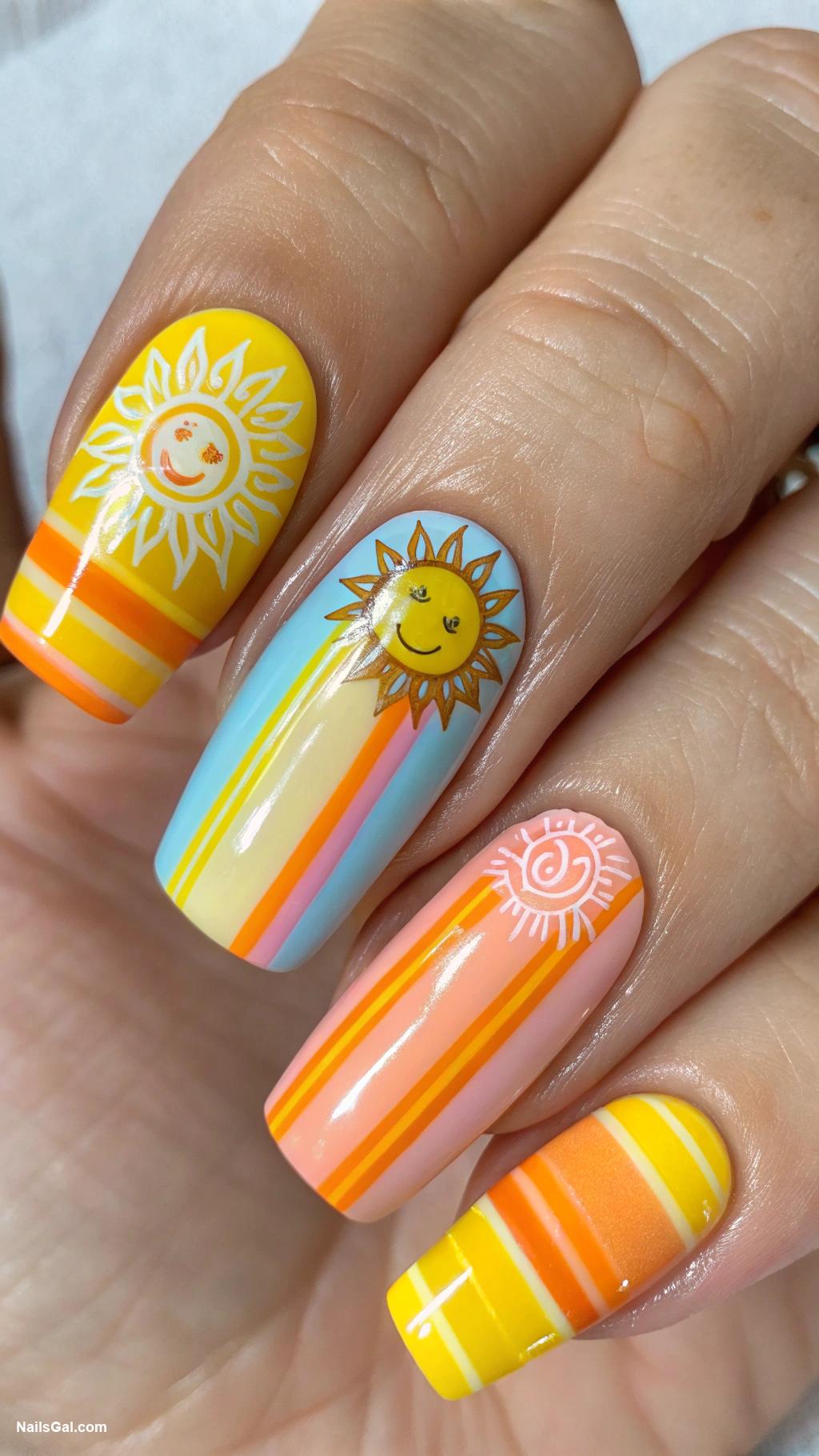 sunshine nails Colorful stripes with sun designs
