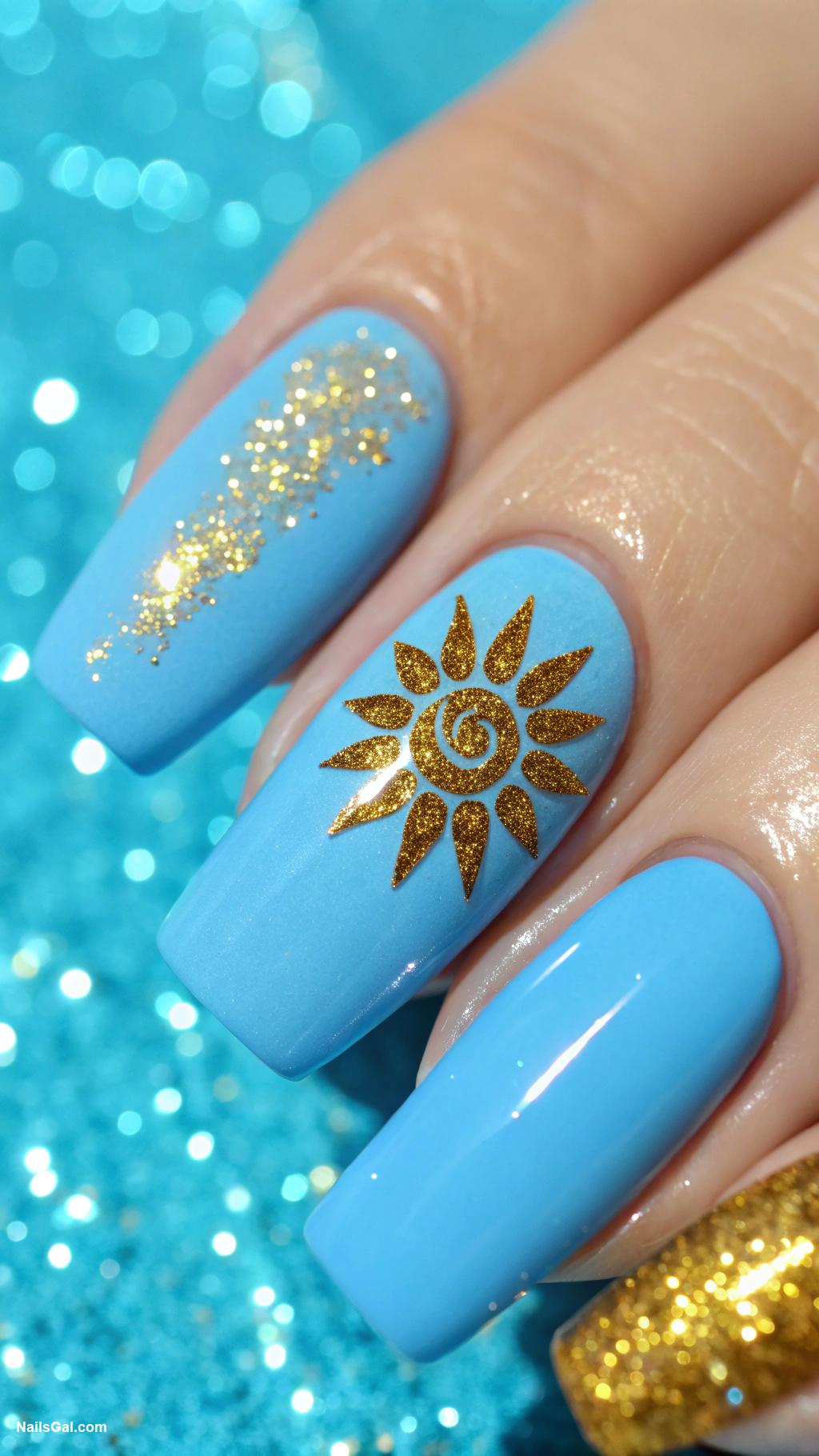 sunshine nails Glittery golden sun on bright blue background