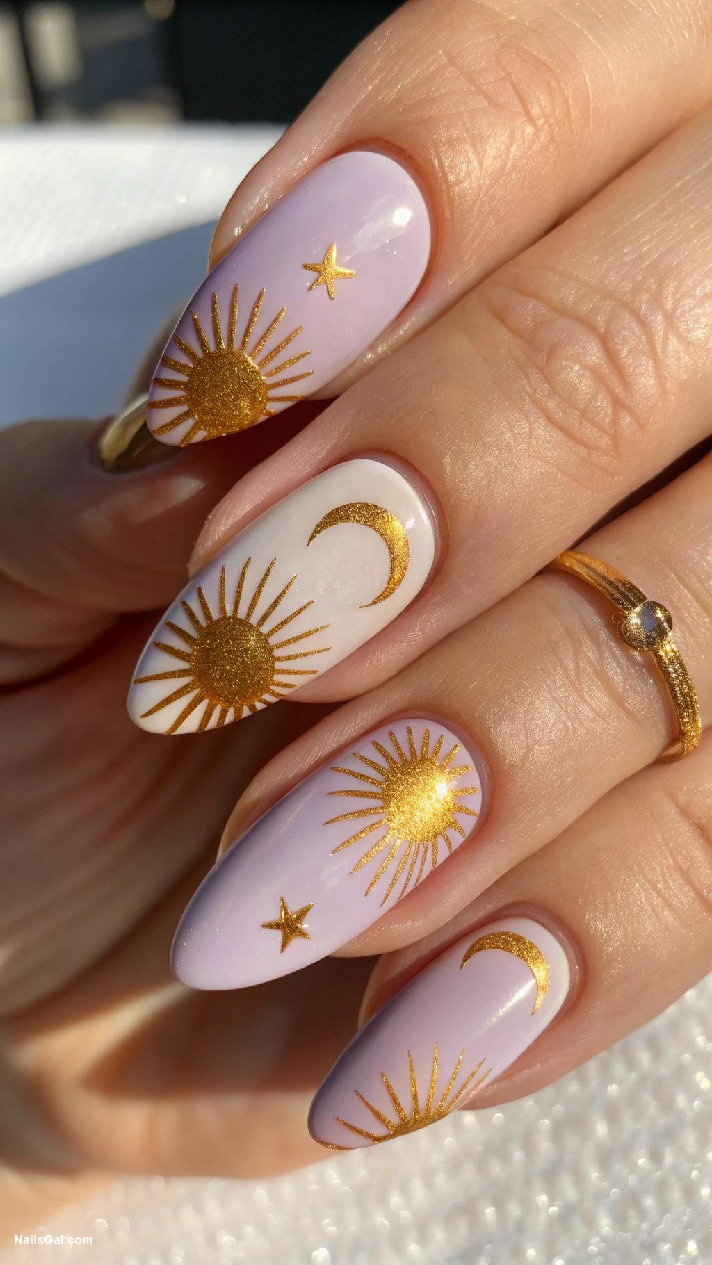 sunshine nails Half moon nails with golden sun rays