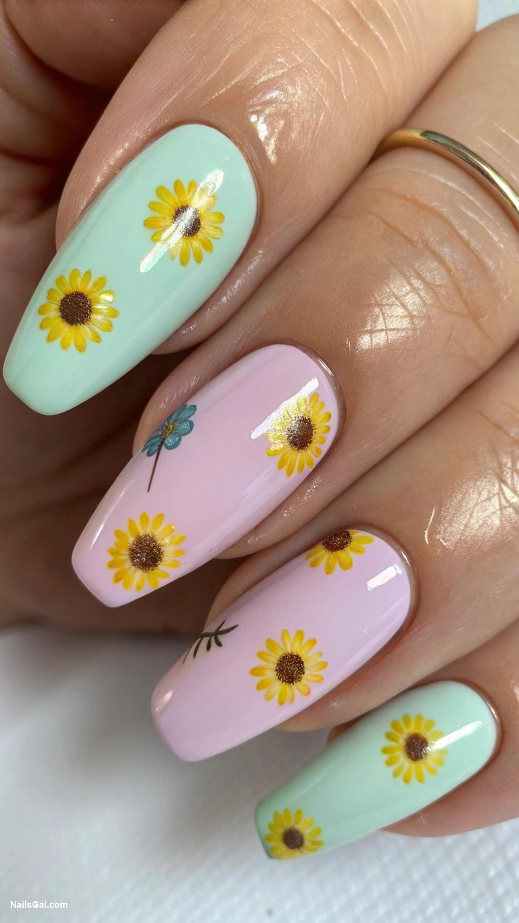 sunshine nails Pastel colors featuring tiny sunflowers