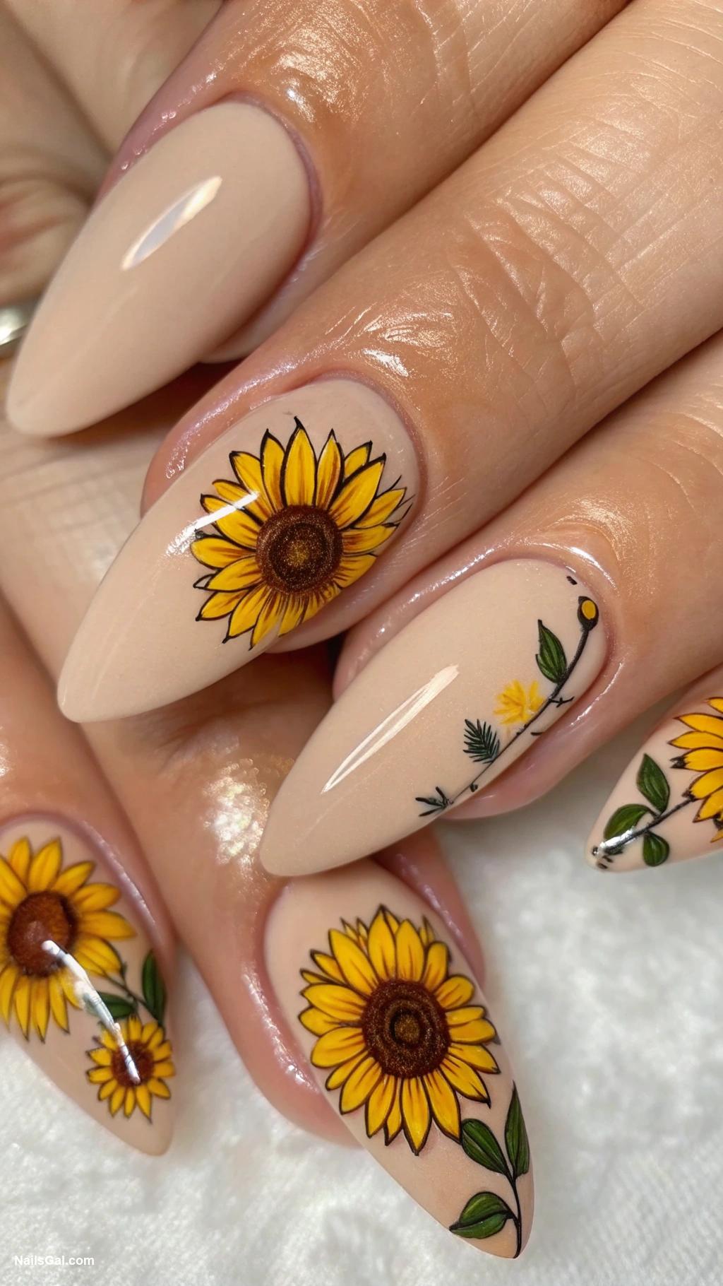 sunshine nails Sunflower designs on a nude base