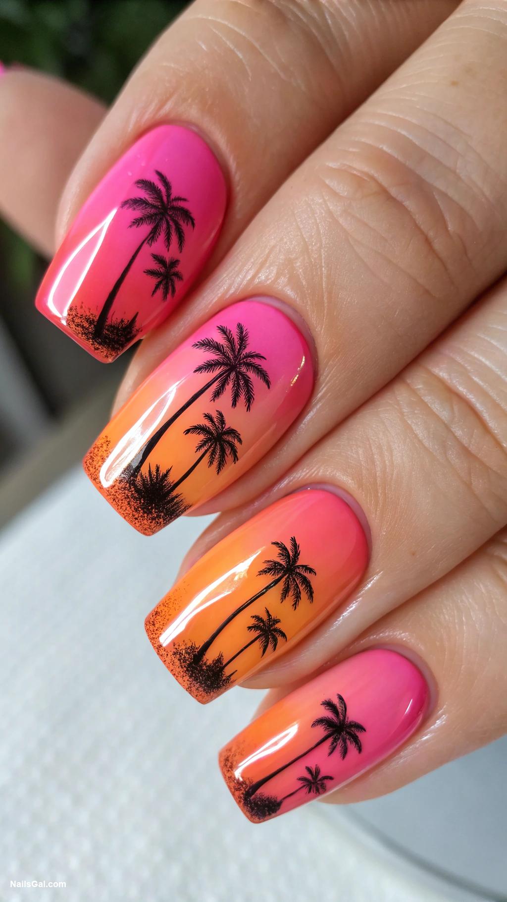 sunshine nails Sunset gradient with silhouette palm trees