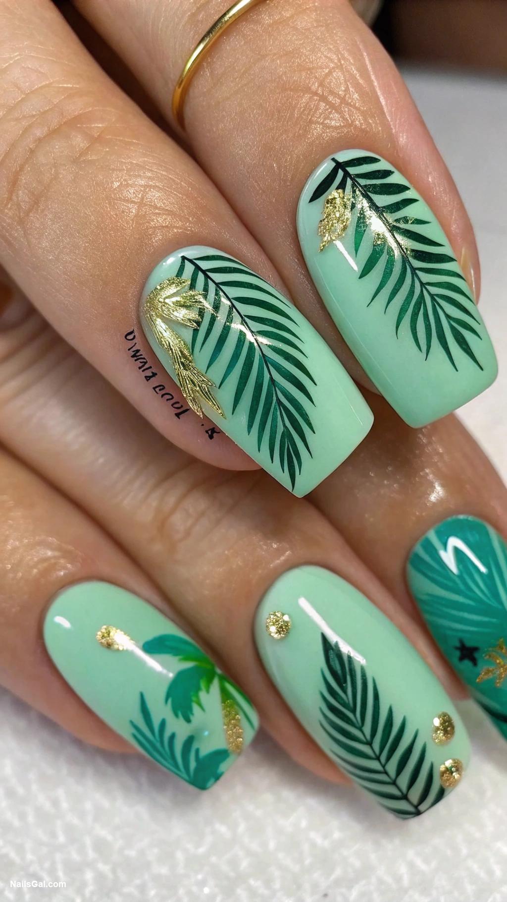 August nails Tropical palm leaves design