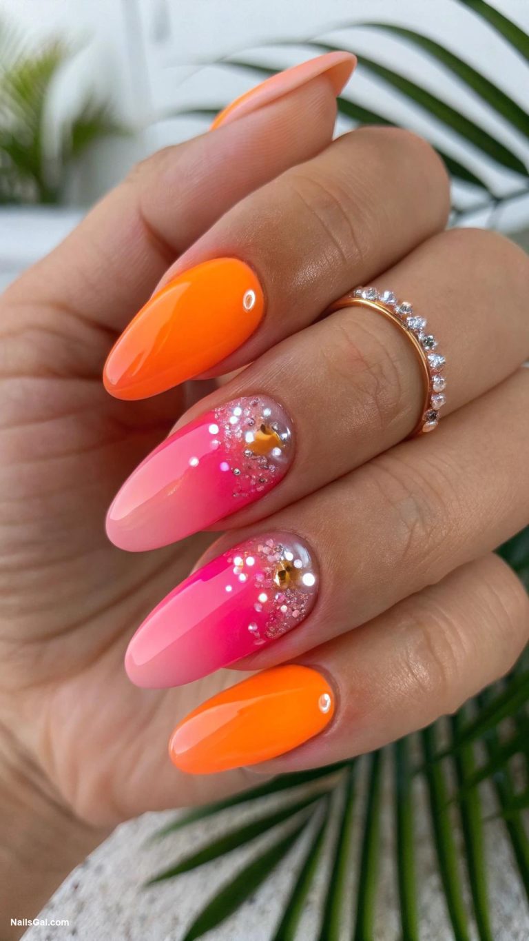 July nails Bright orange and pink ombre with glitter