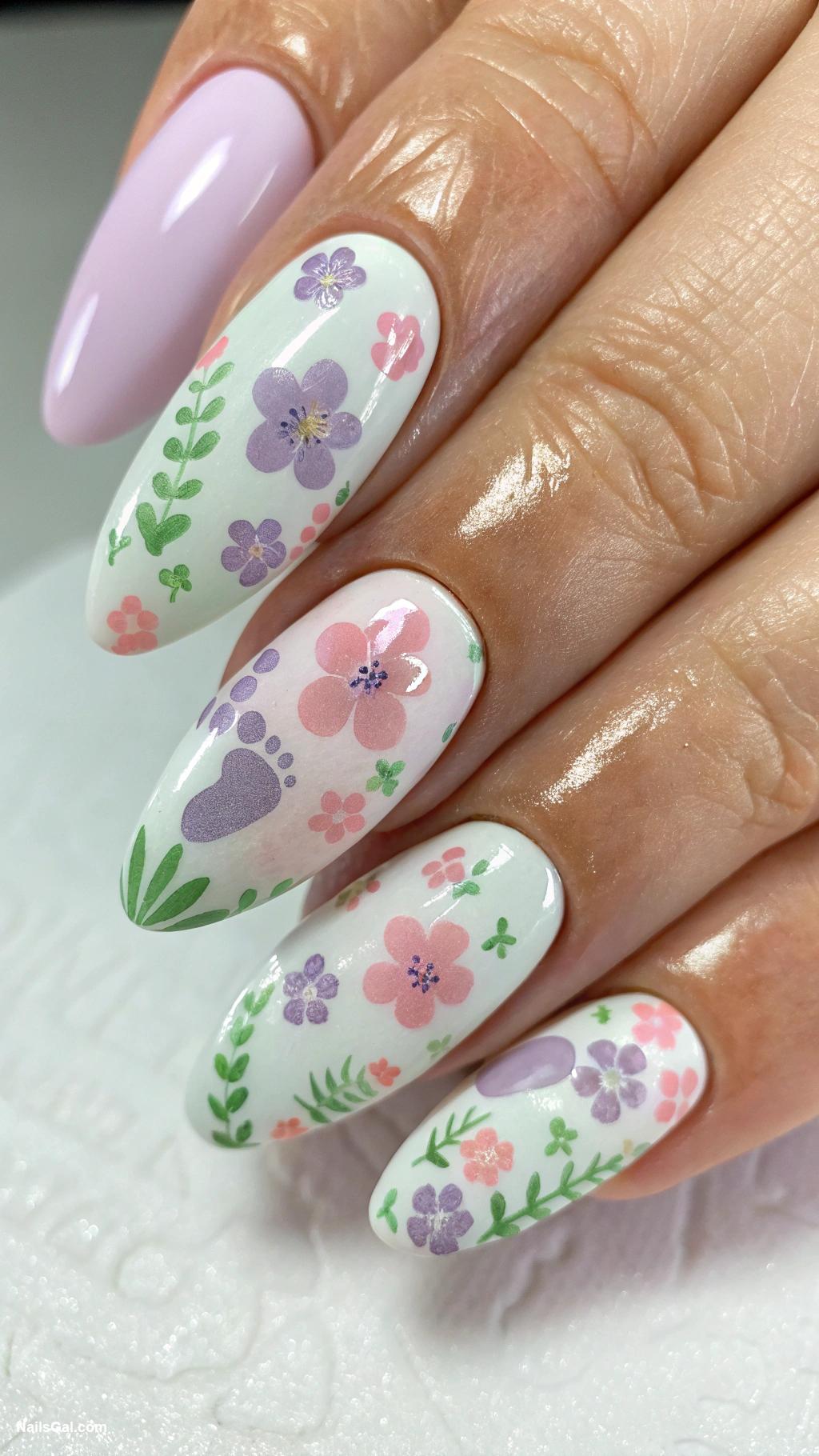 baby shower nails Floral patterns with tiny footprints