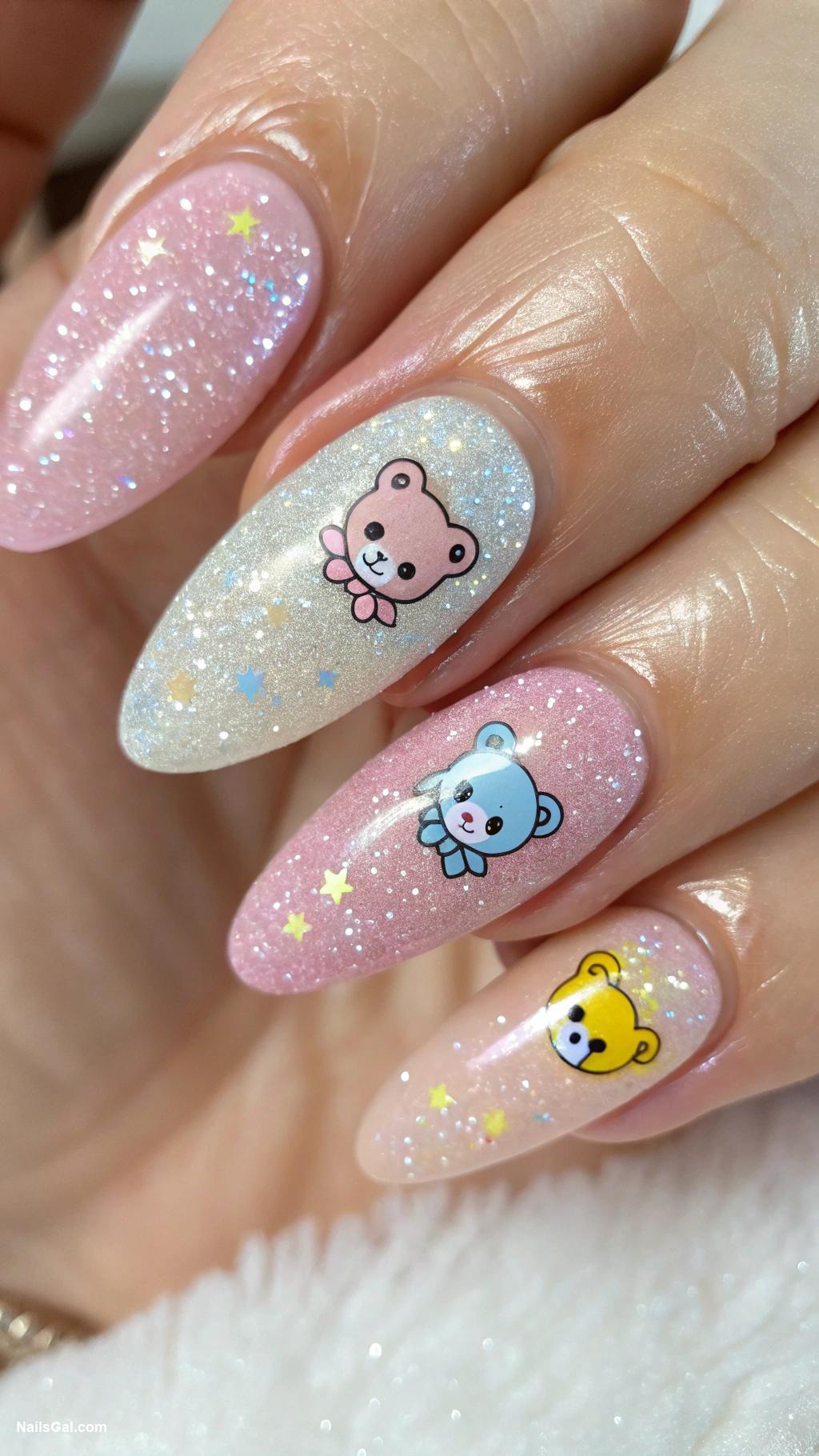 baby shower nails Glittery tips with cute pacifiers