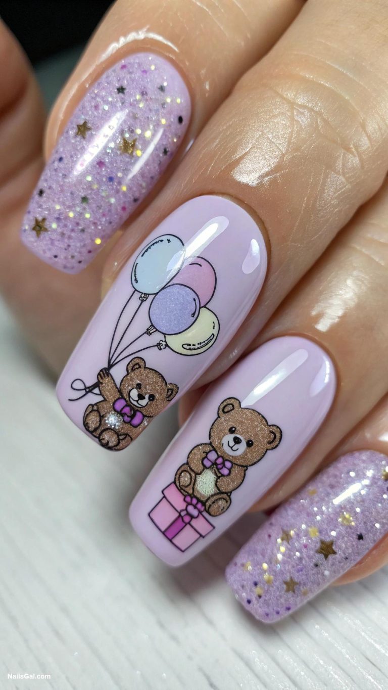 baby shower nails Lavender nails with a teddy bear theme
