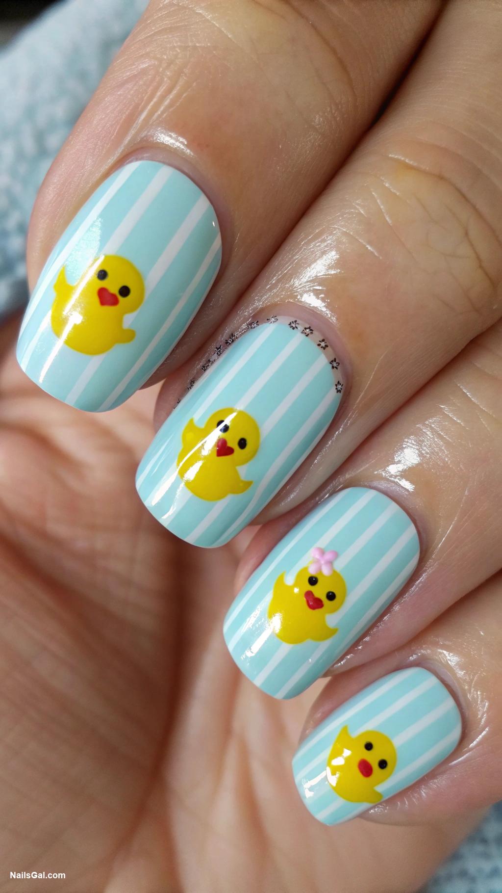 baby shower nails Light blue stripes and rubber duckies