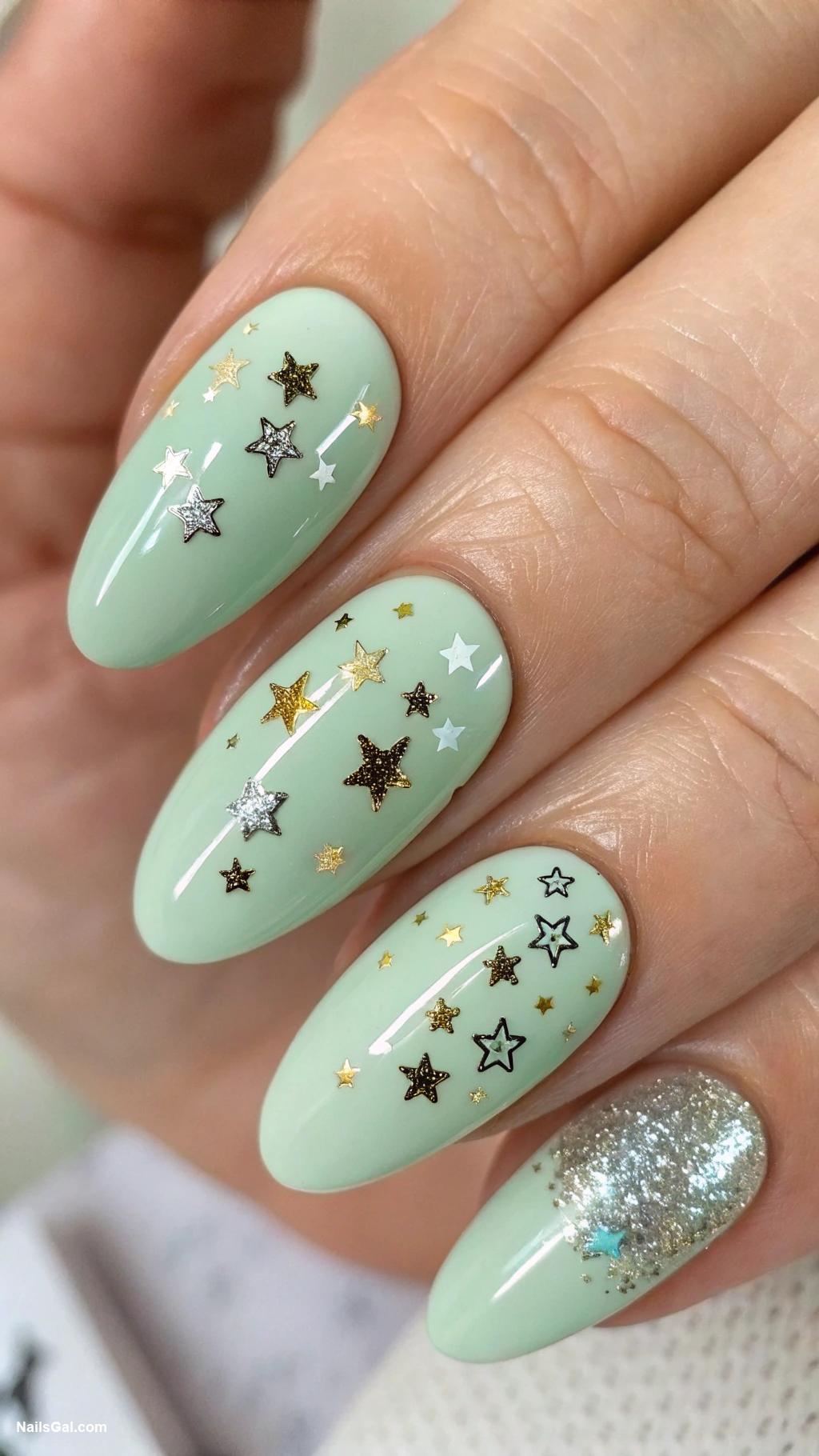 baby shower nails Mint green base with star decals