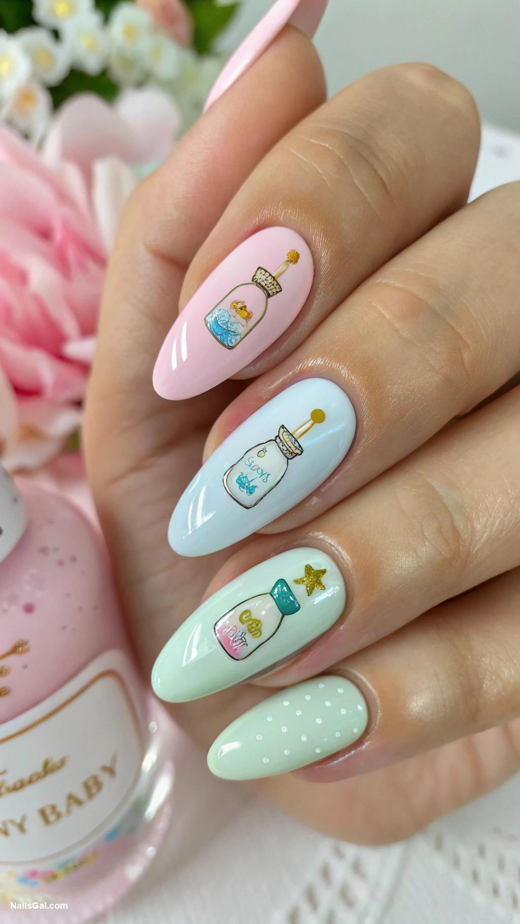 baby shower nails Pastel colors with baby bottle designs