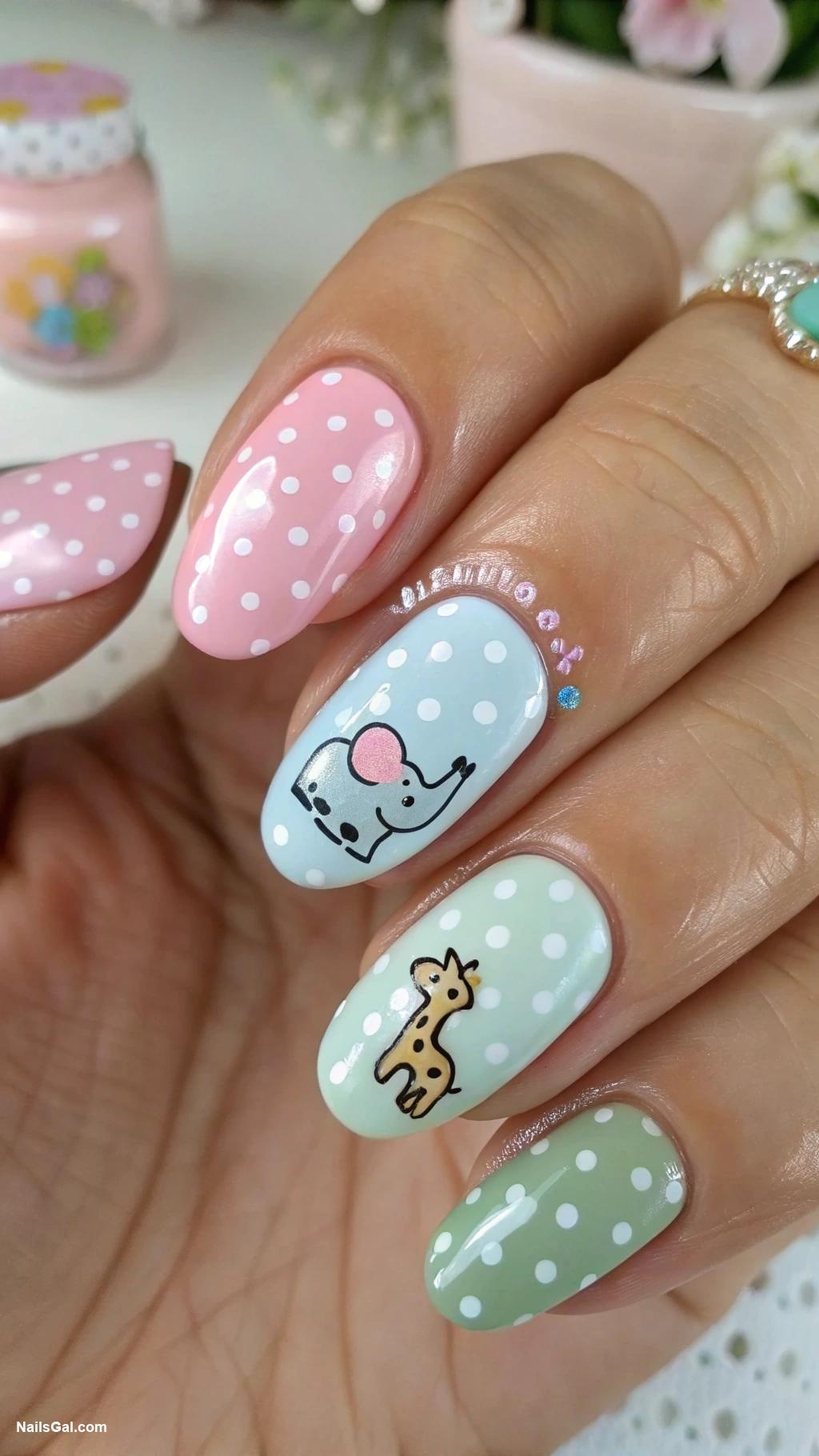 baby shower nails Polka dots and baby animal accents