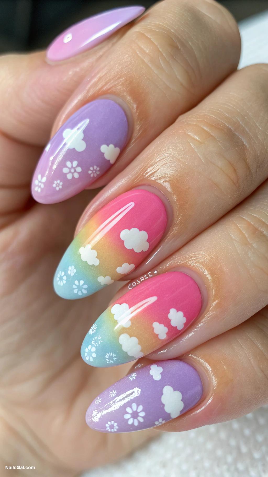 baby shower nails Rainbow gradient with cloud motifs