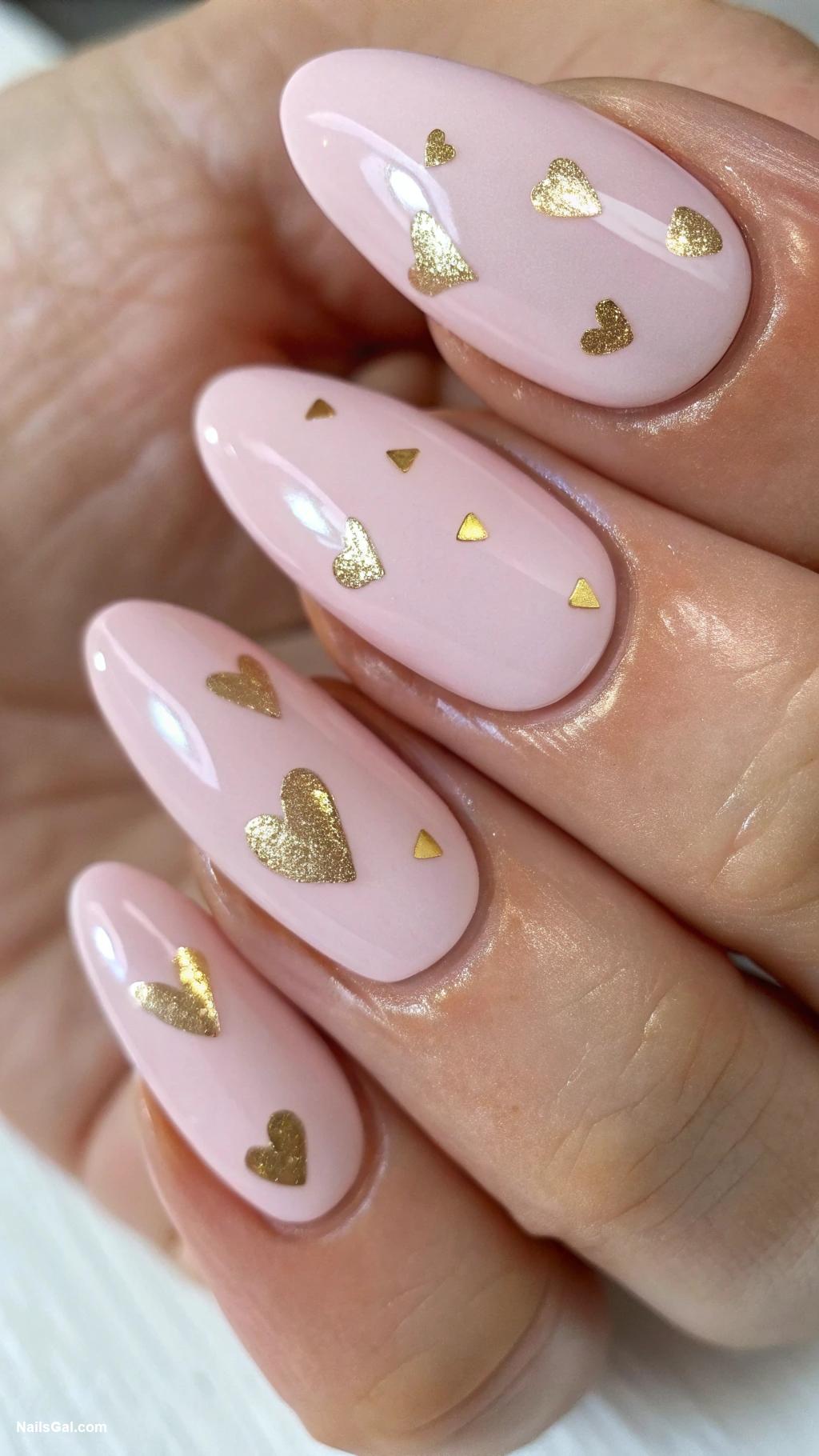 baby shower nails Soft pink with gold heart embellishments