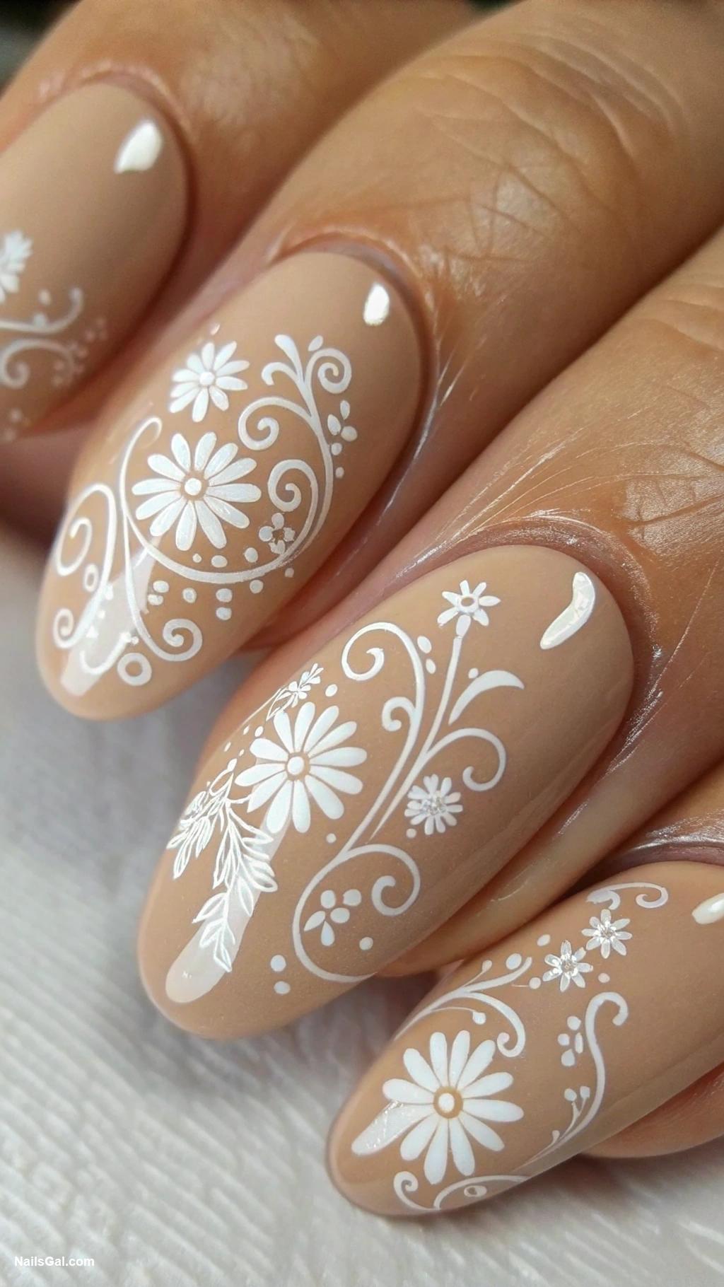 beige nails Beige base with white floral designs