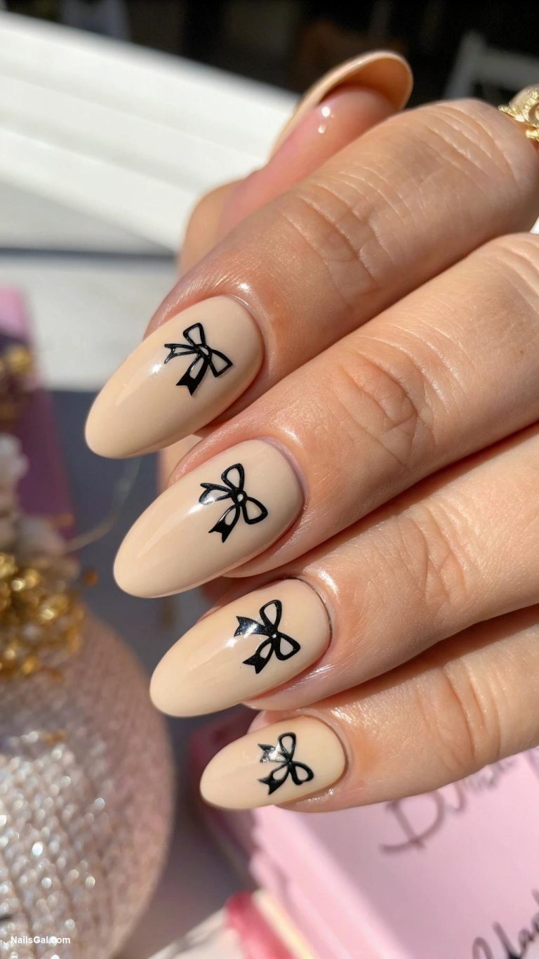 beige nails Beige nails with chic bow decals