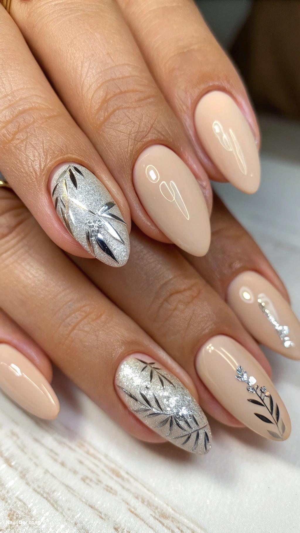 beige nails Beige polish with silver foil