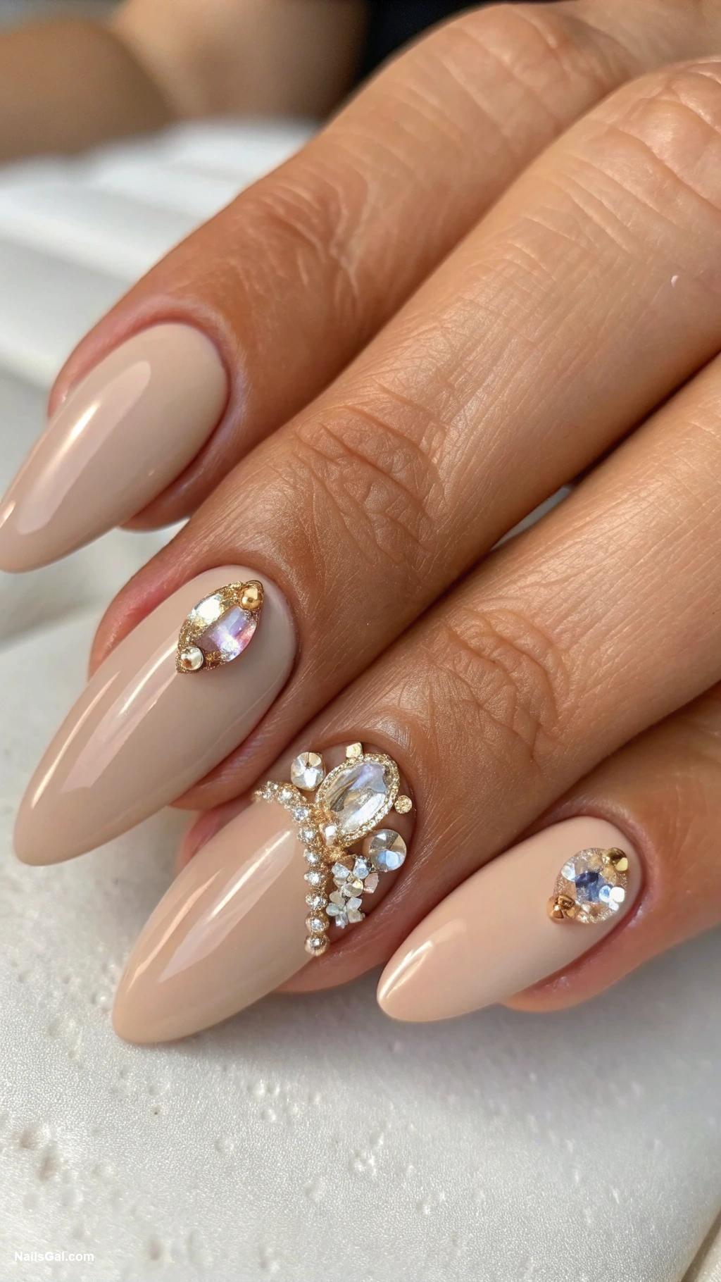 beige nails Plain beige with jewel embellishments