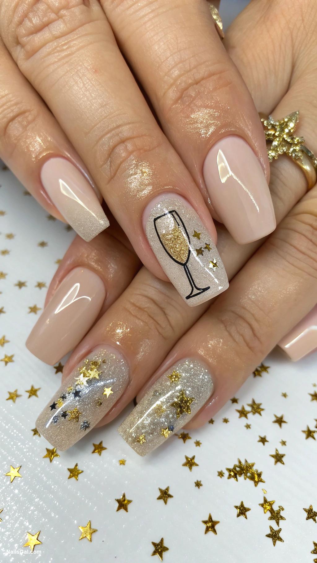 birthday nails Bubbly champagne glass nail art