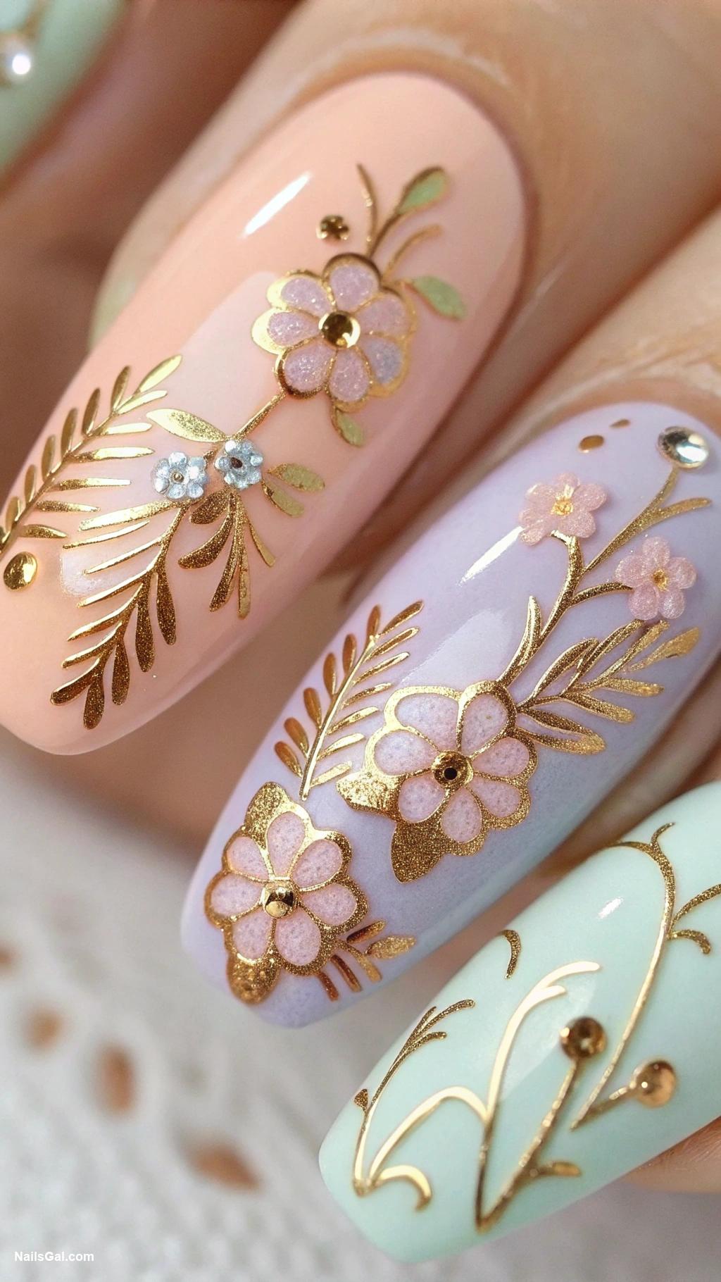 birthday nails Floral accents with metallic gold details