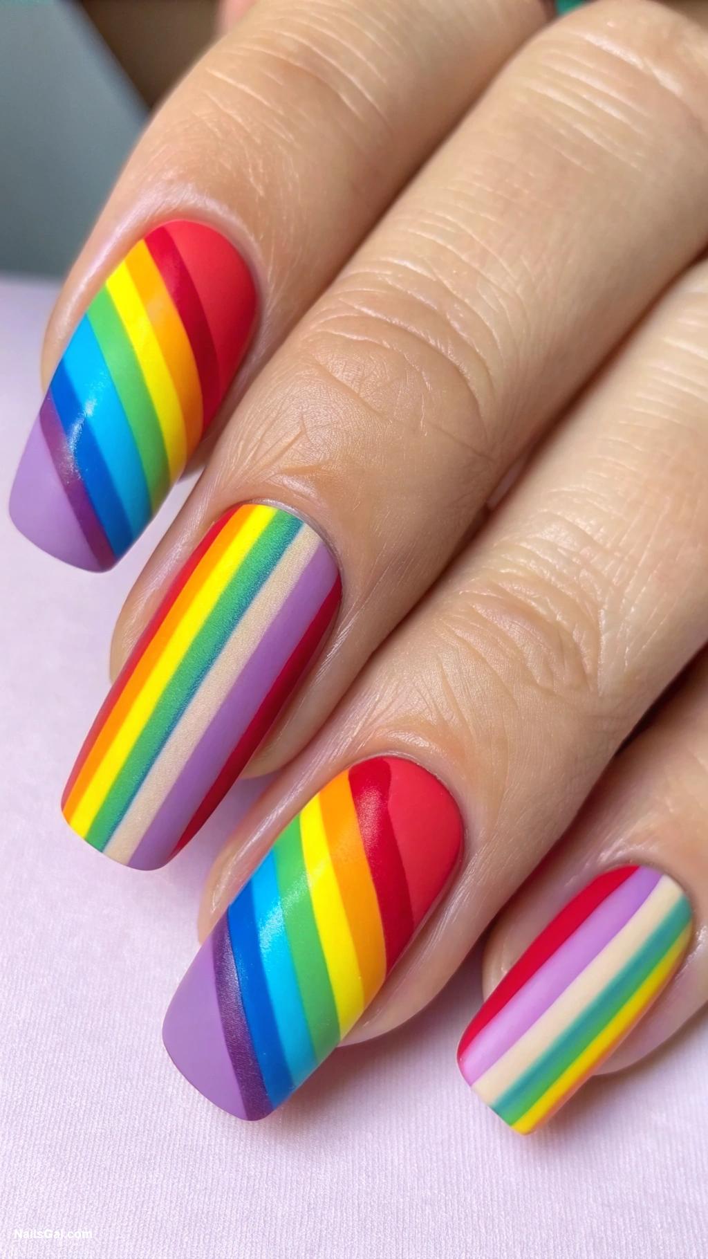 birthday nails Rainbow stripes with matte finish