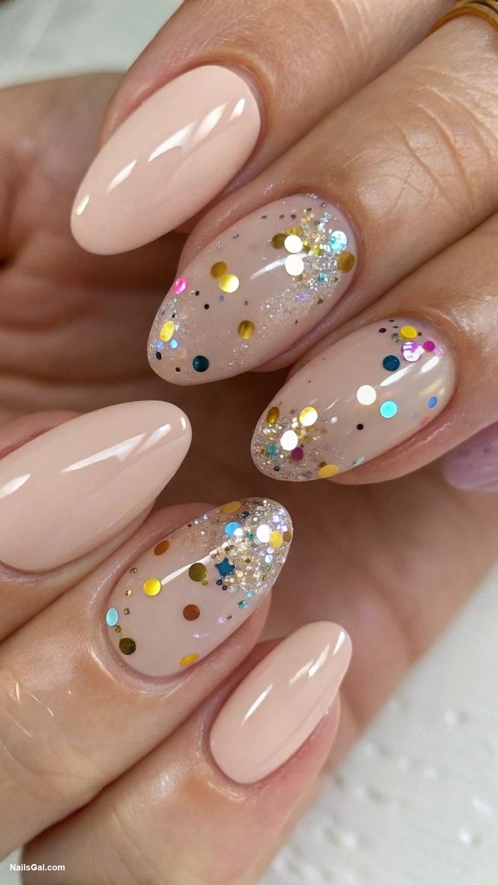 birthday nails Sparkling confetti dots on nude base