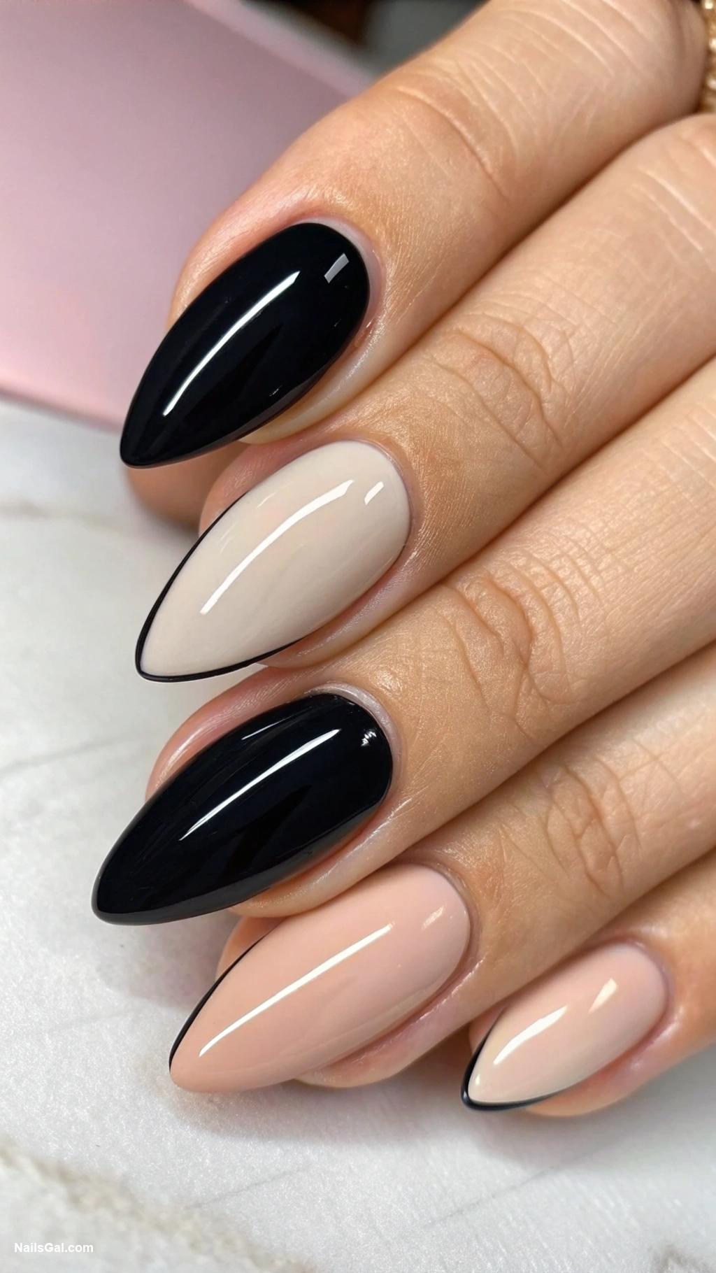 black nails Black and nude half and half