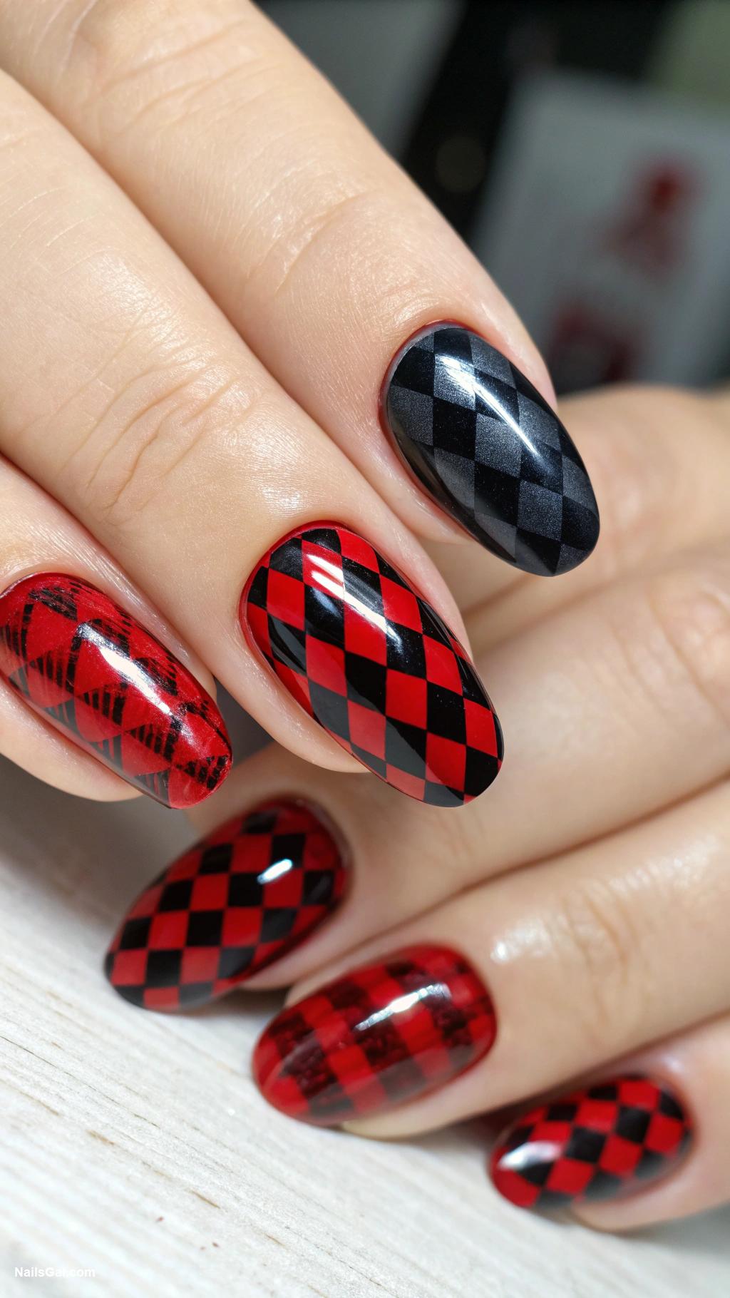 black nails Black and red checkerboard pattern