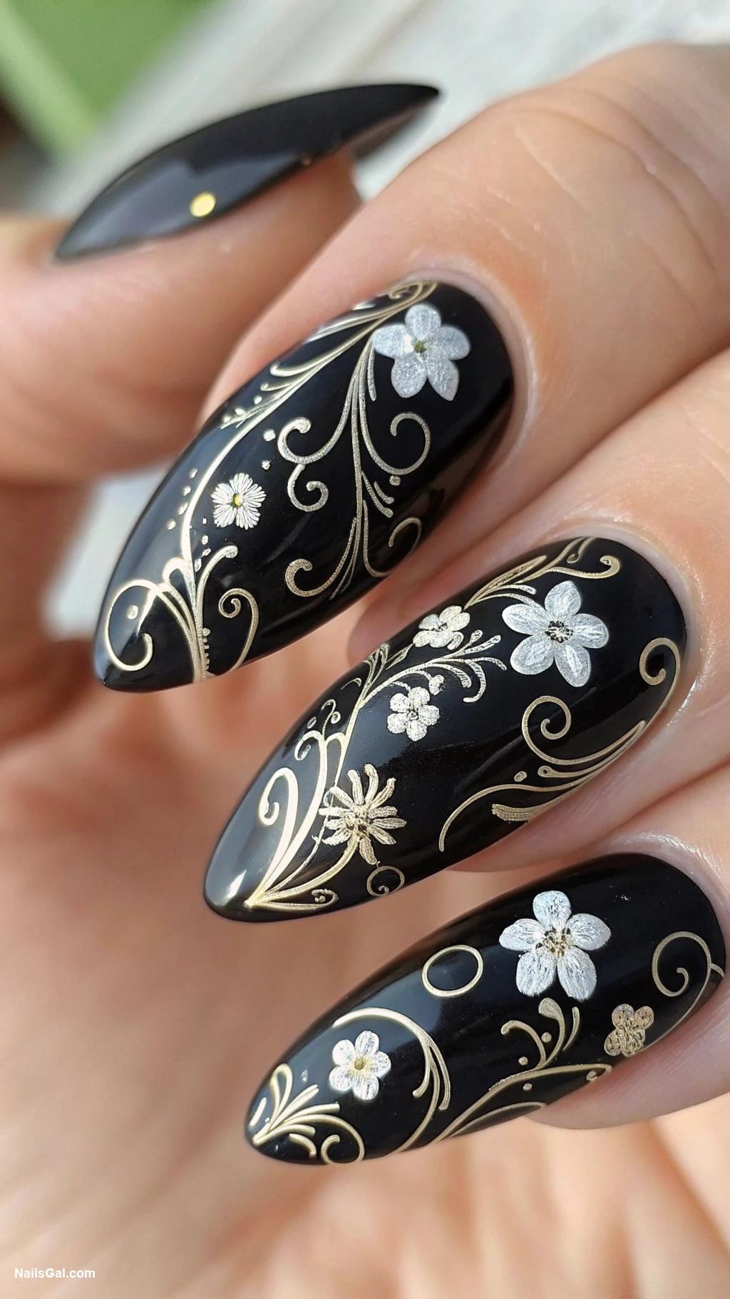 black nails Black with floral white design