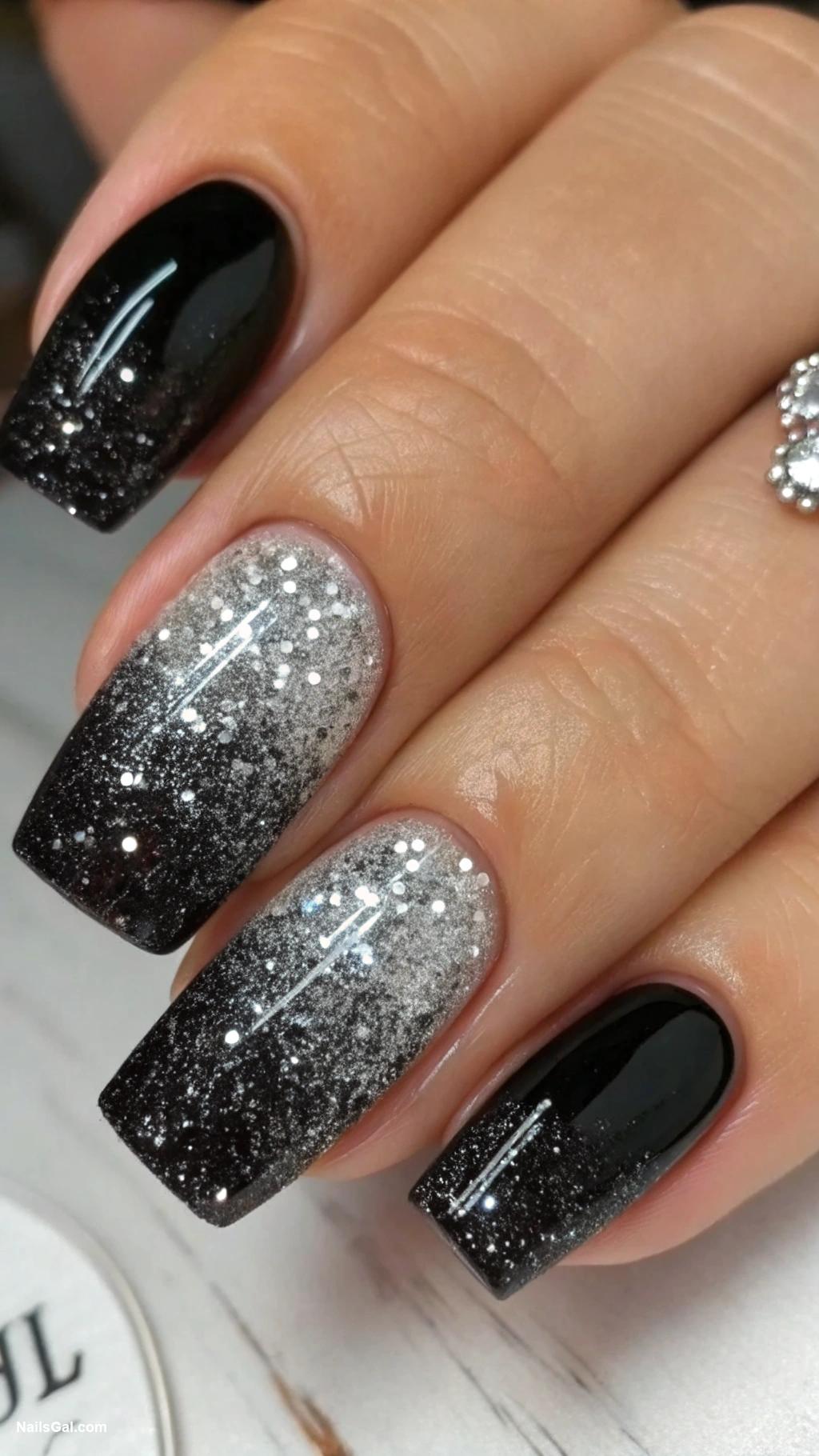 black nails Black with glittery ombre fade