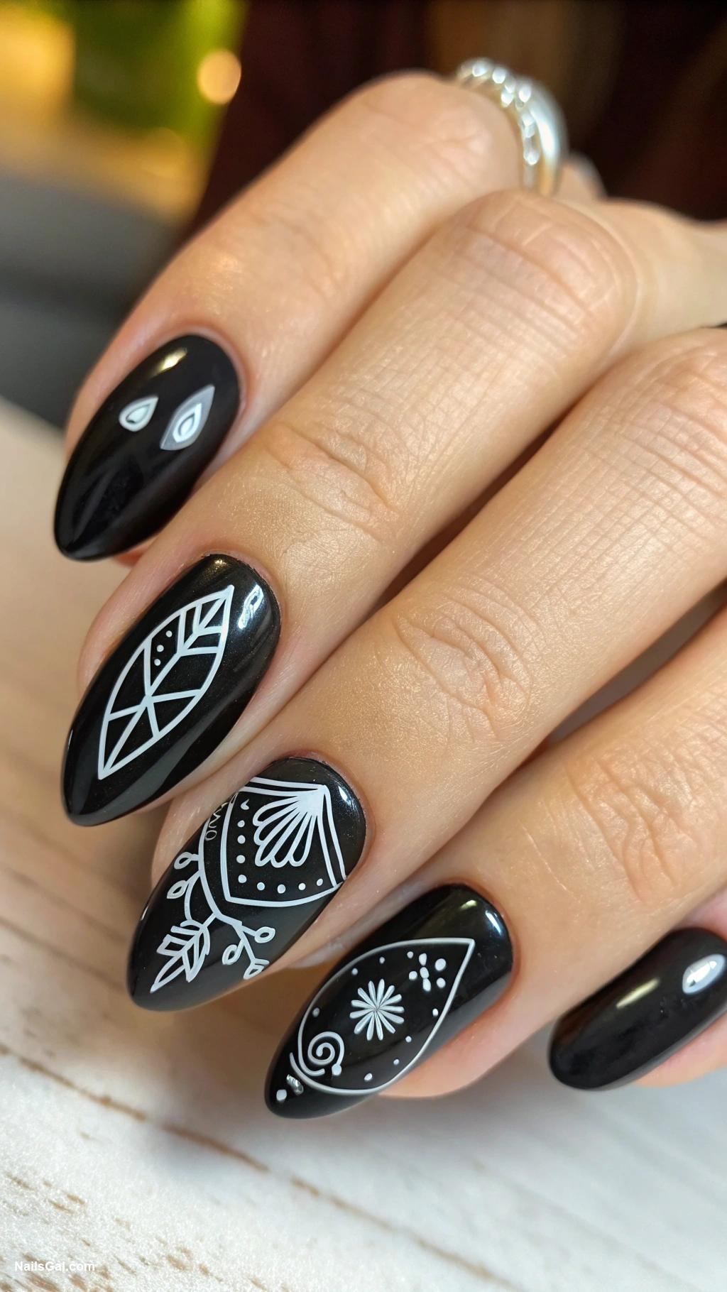 black nails Black with minimalistic line art