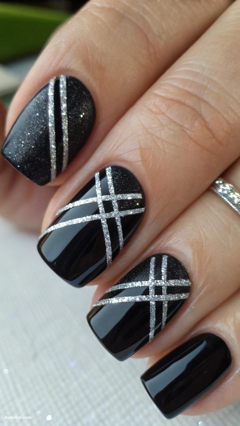 black nails Glossy black with silver stripes
