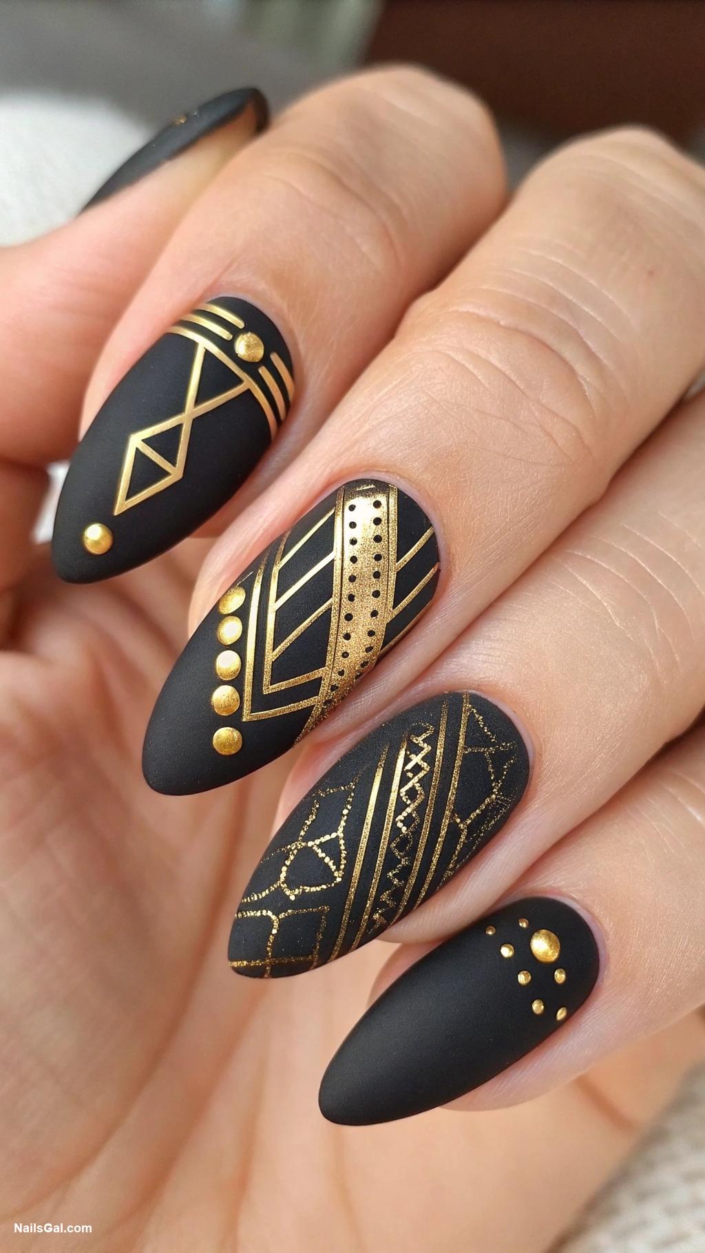 black nails Matte black with gold accents