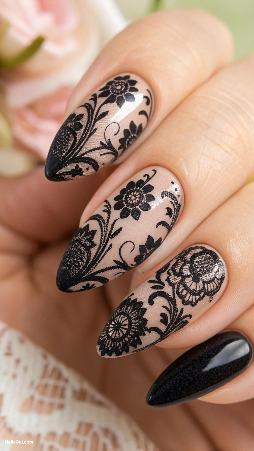 black nails Vintage black lace pattern