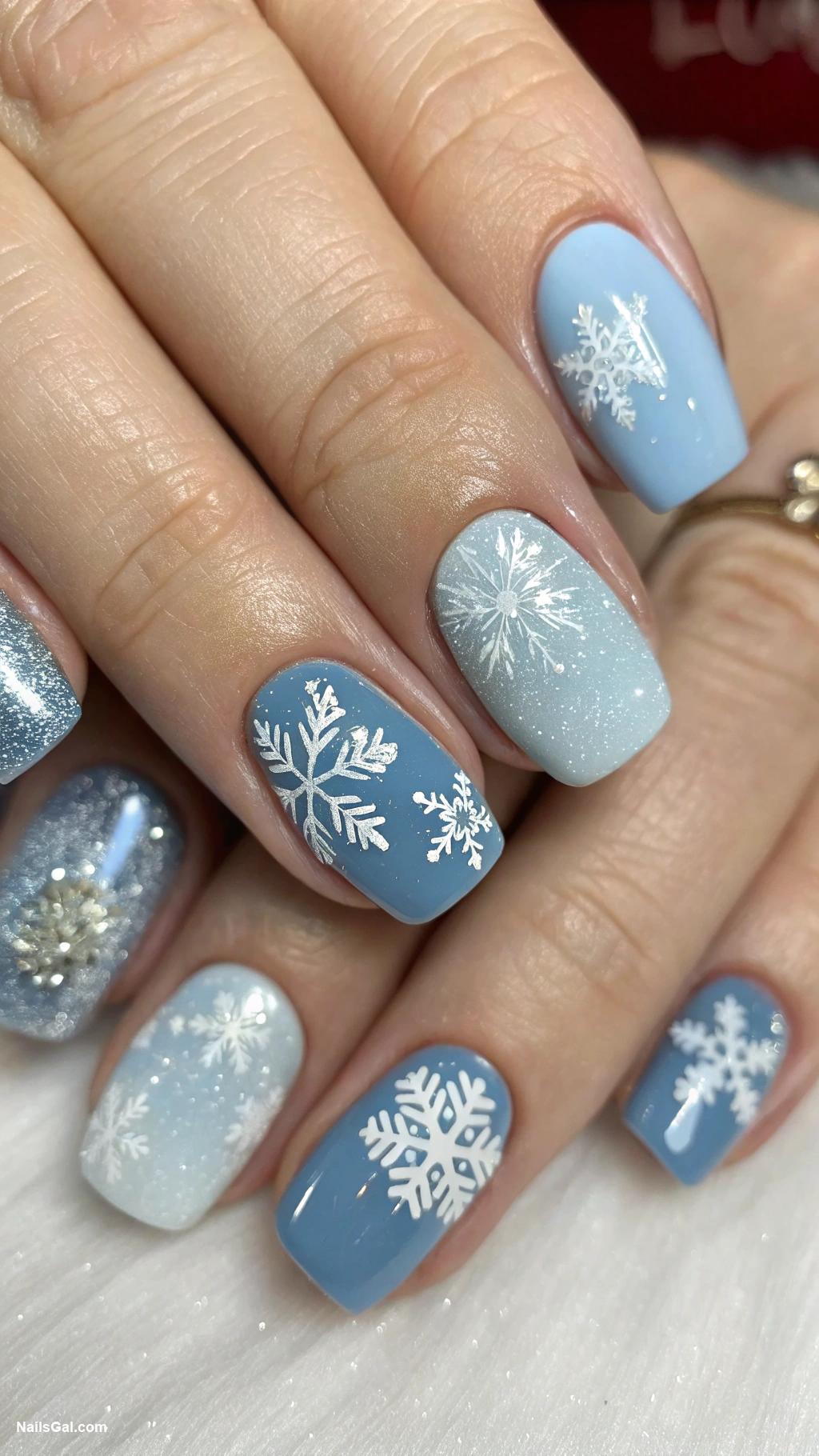 blue nails Icy blue with snowflake patterns