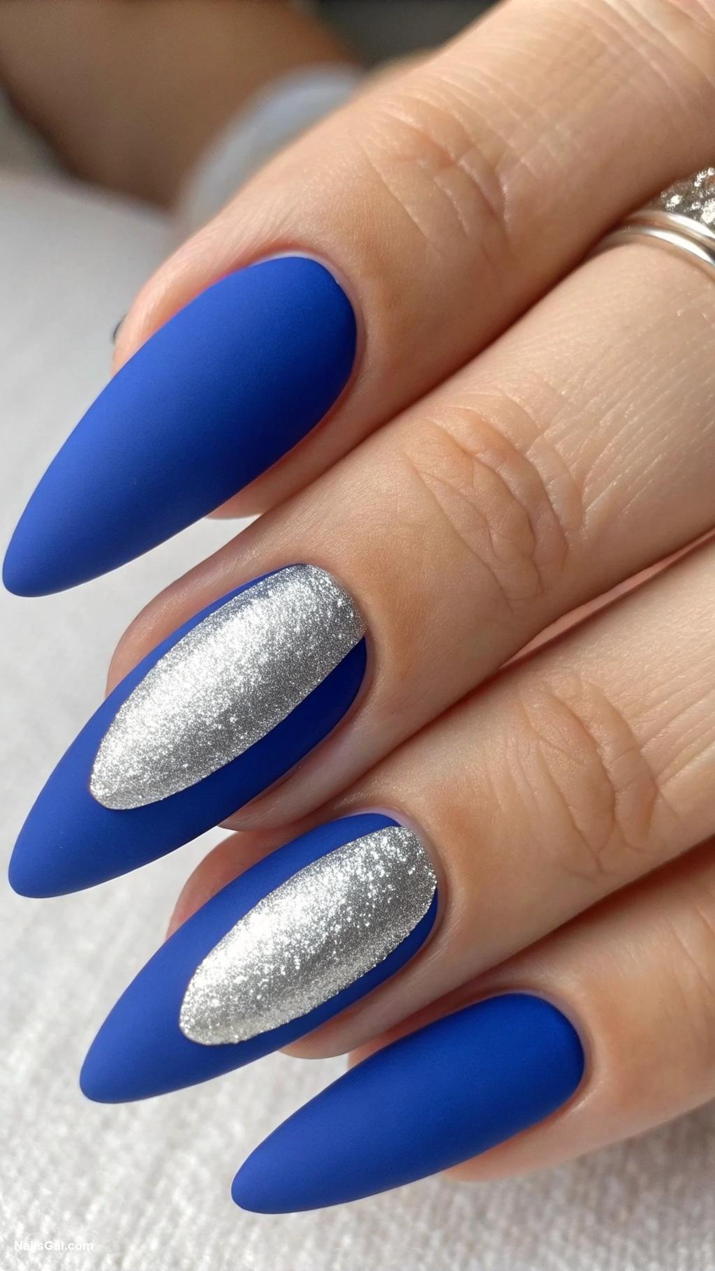 blue nails Matte cobalt blue with silver tips