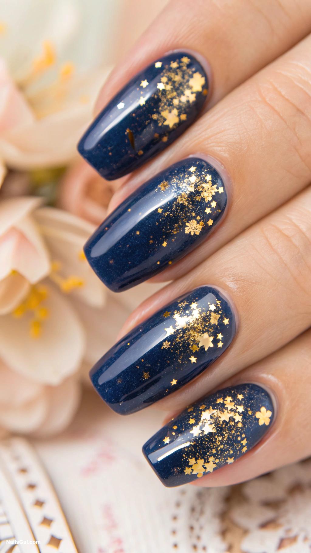 blue nails Navy blue base with gold flecks