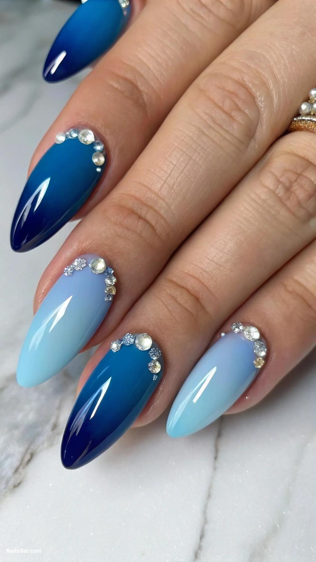 blue nails Ombre blend of light and dark blues