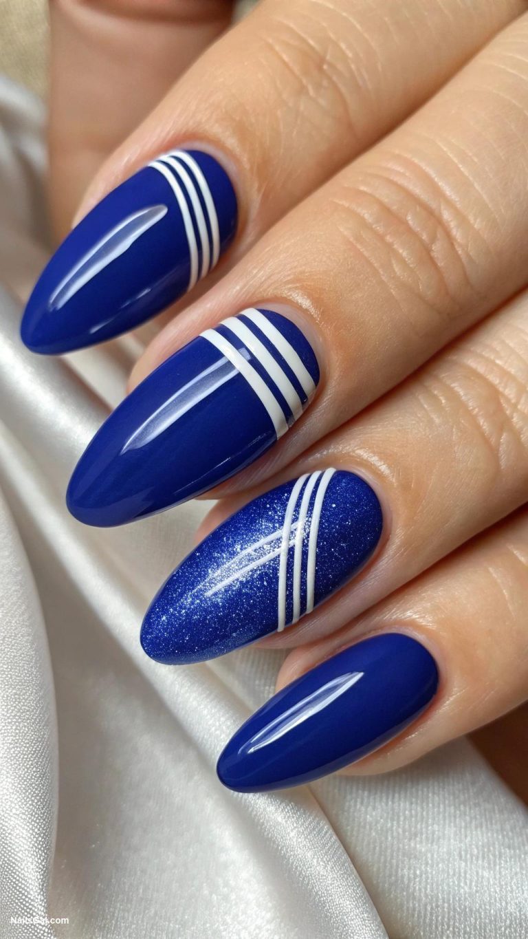 blue nails Royal blue with white stripes