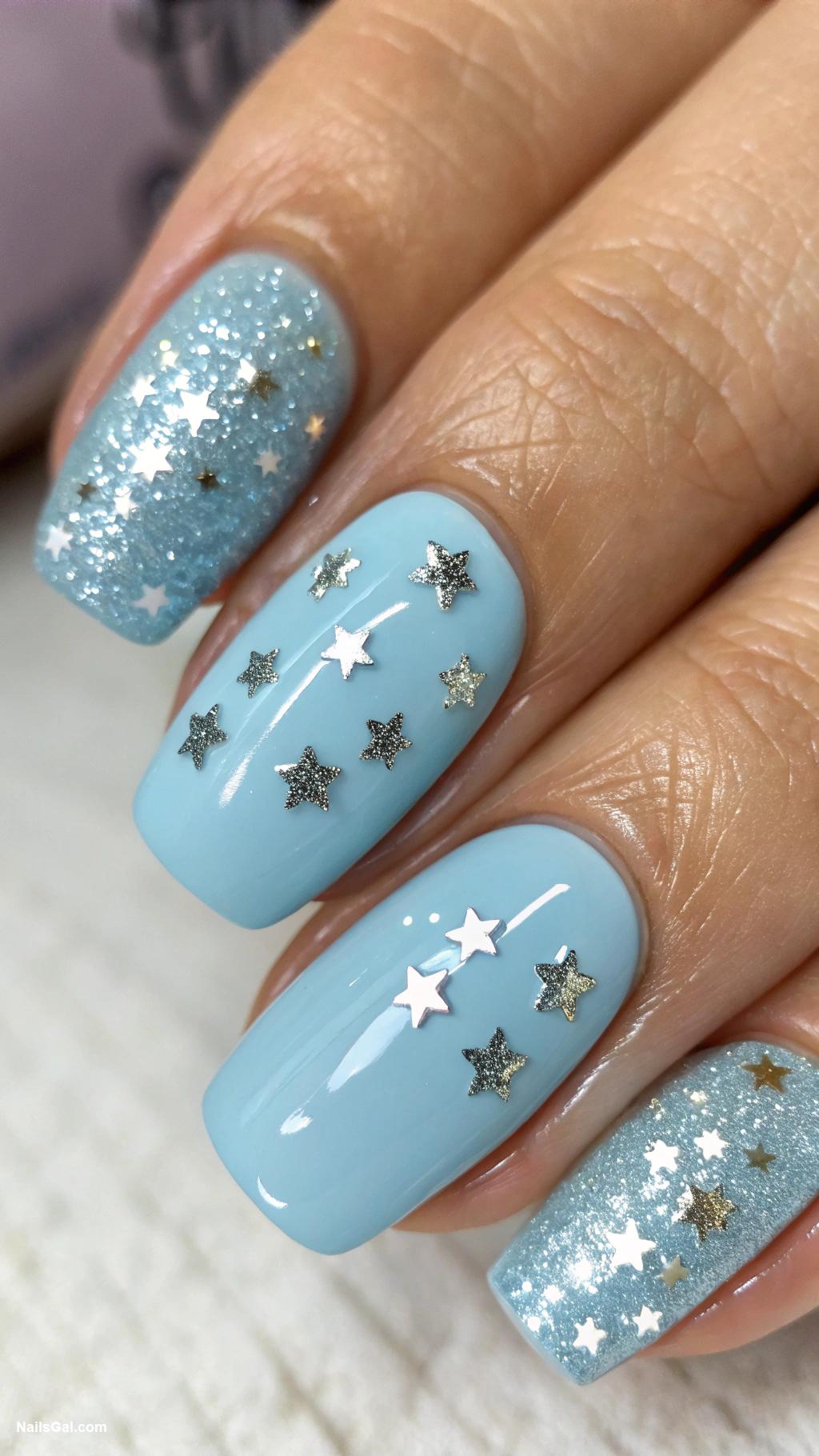 blue nails Sky blue with glittery stars