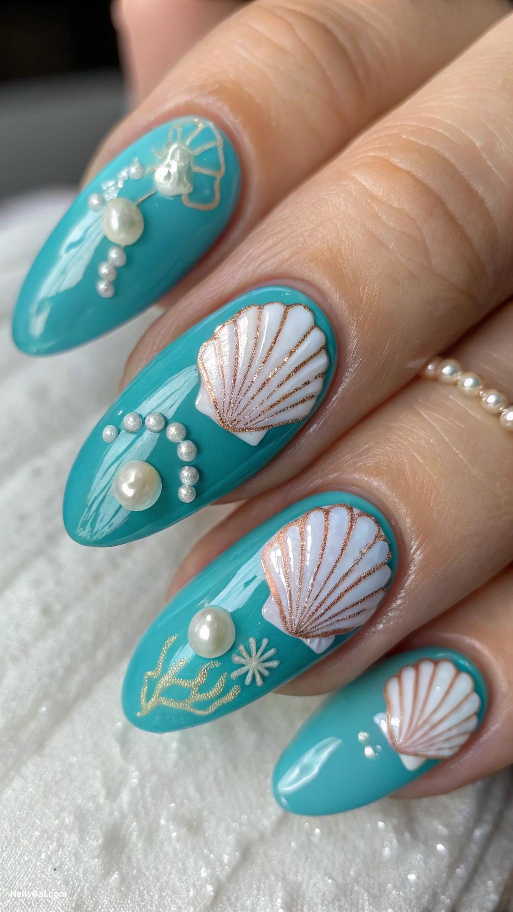 blue nails Teal blue with seashell designs