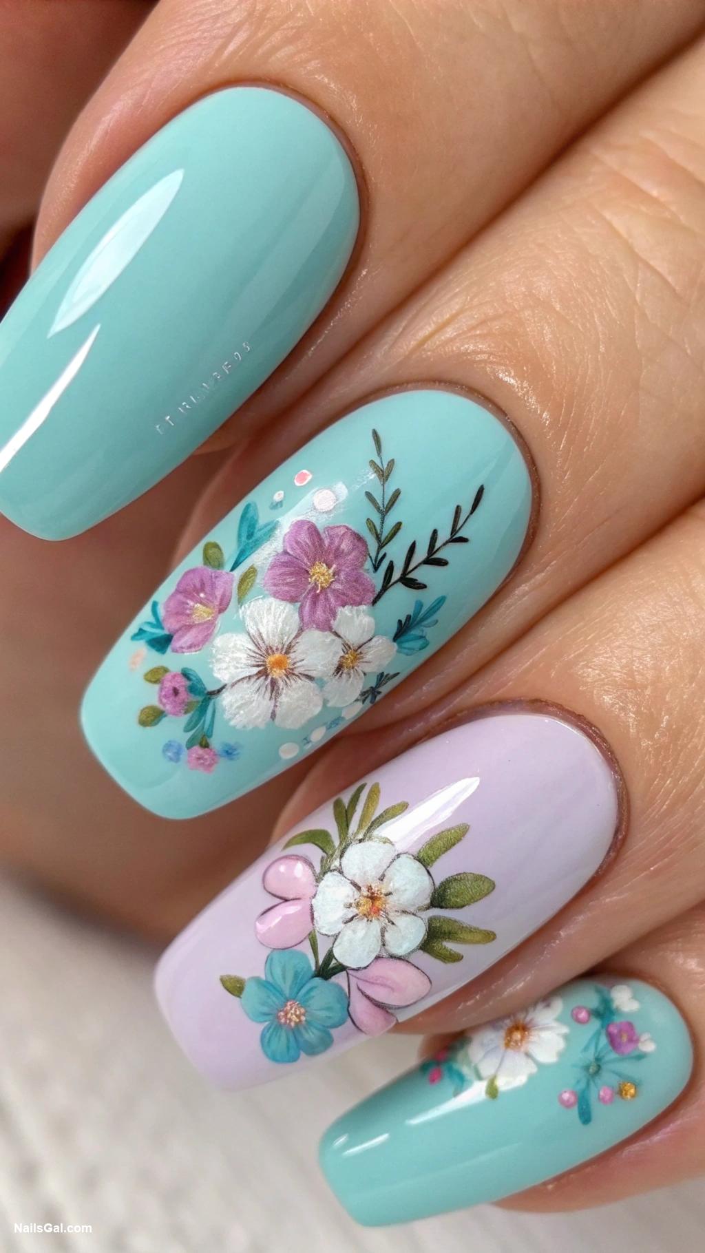 blue nails Turquoise blue with floral accents