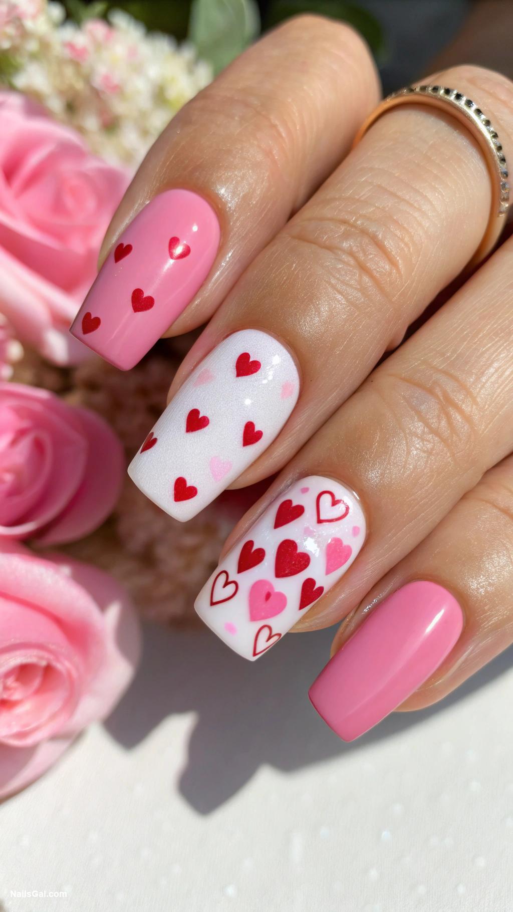 bright nail colors Bubblegum pink with heart stickers