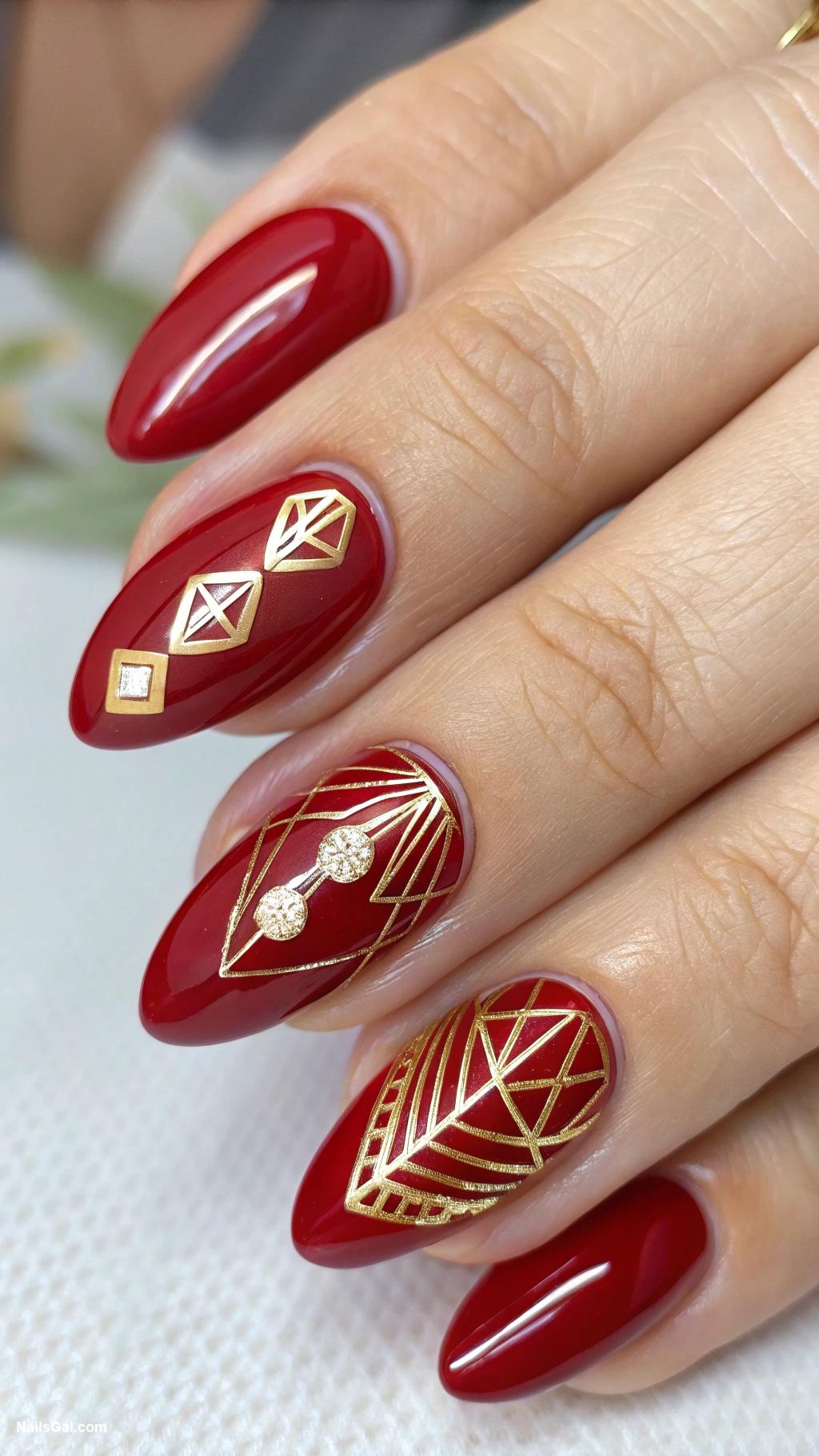 bright nail colors Cherry red with gold foil details