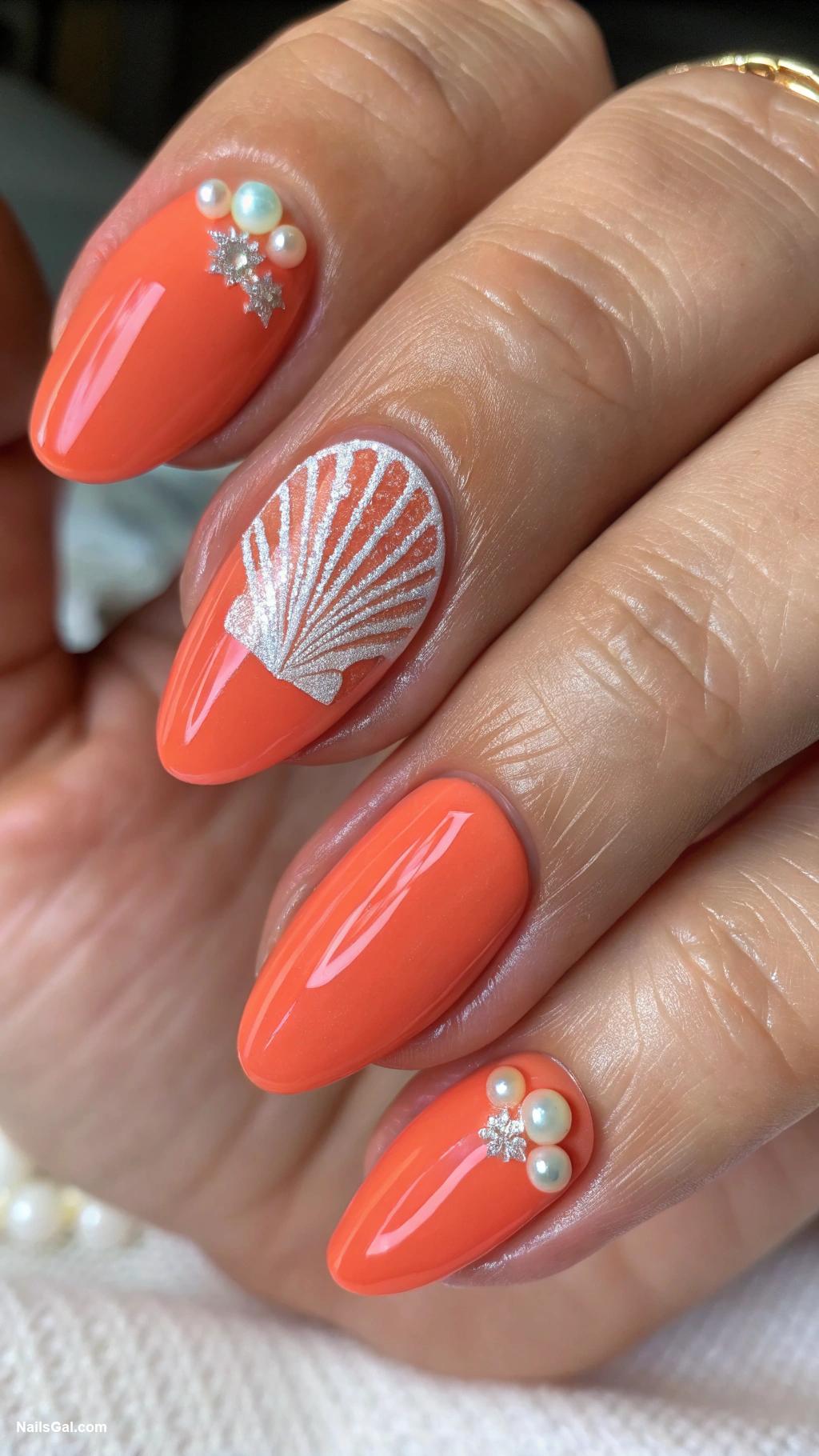 bright nail colors Coral orange with seashell nail art