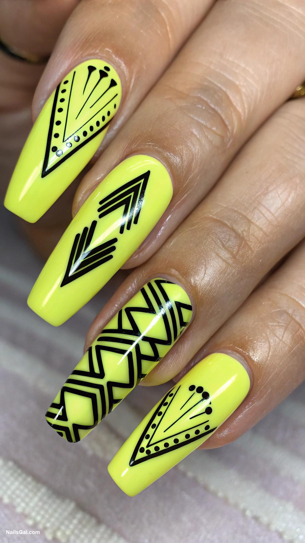bright nail colors Lime yellow with black geometric patterns