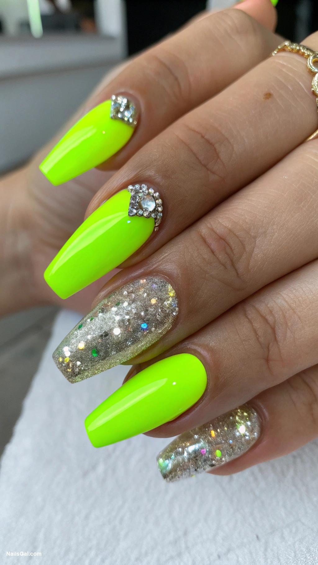 bright nail colors Neon green with glitter accents