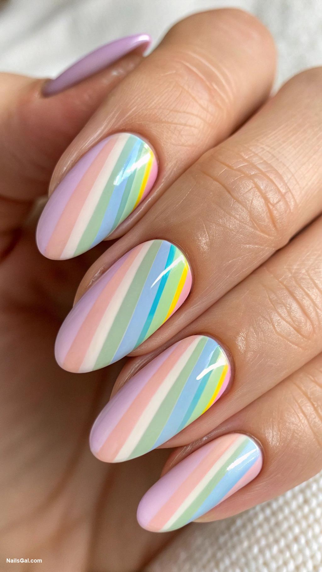 bright nail colors Pastel rainbow stripes on nude base